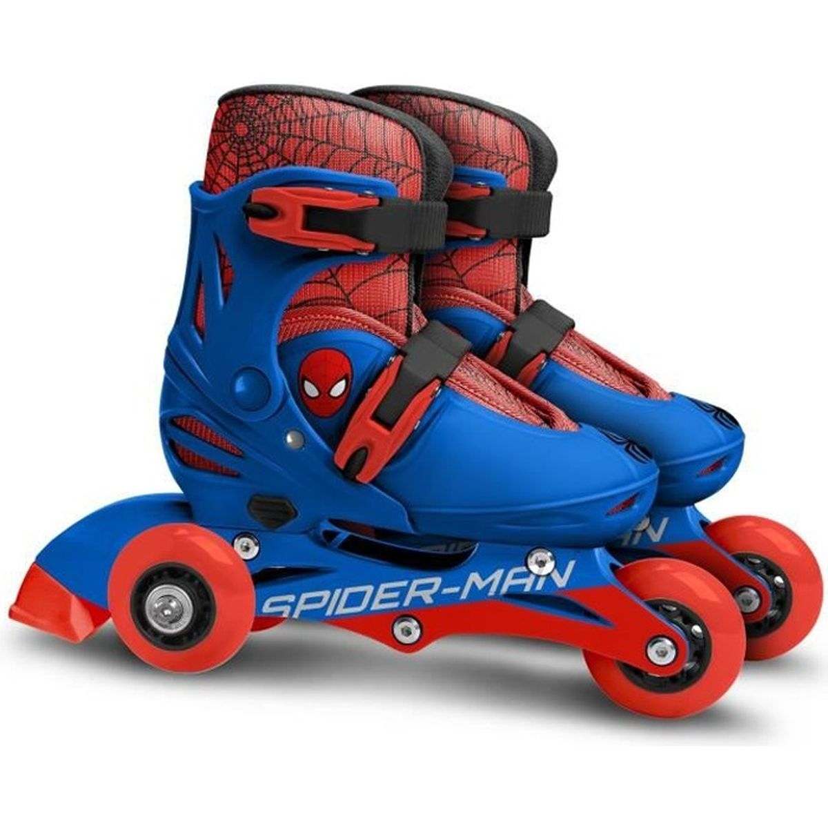 Blaue und rote Spider-Man Rollschuhe. Die Schlittschuhe haben rote Räder und ein Spider-Man-Logo.