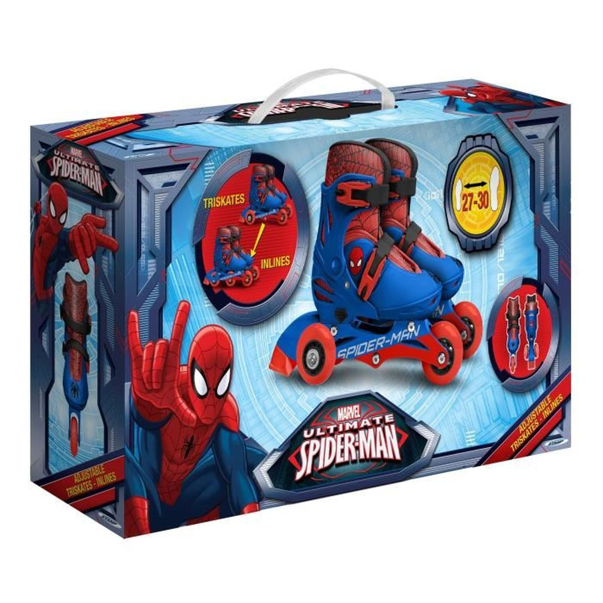 Eine Schachtel mit Spider-Man-Rollschuhen und Inline-Skates wird gezeigt. Die Box ist bunt, mit Spider-Man-Grafiken.