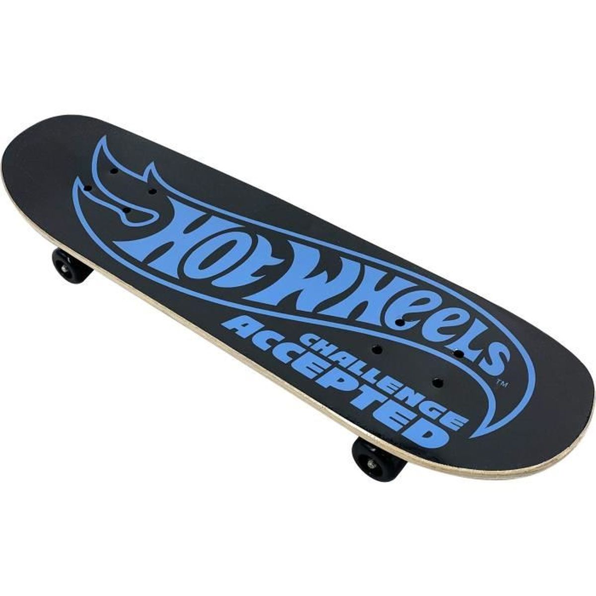 Schwarzes Skateboard mit blauem Hot Wheels Logo und Text.