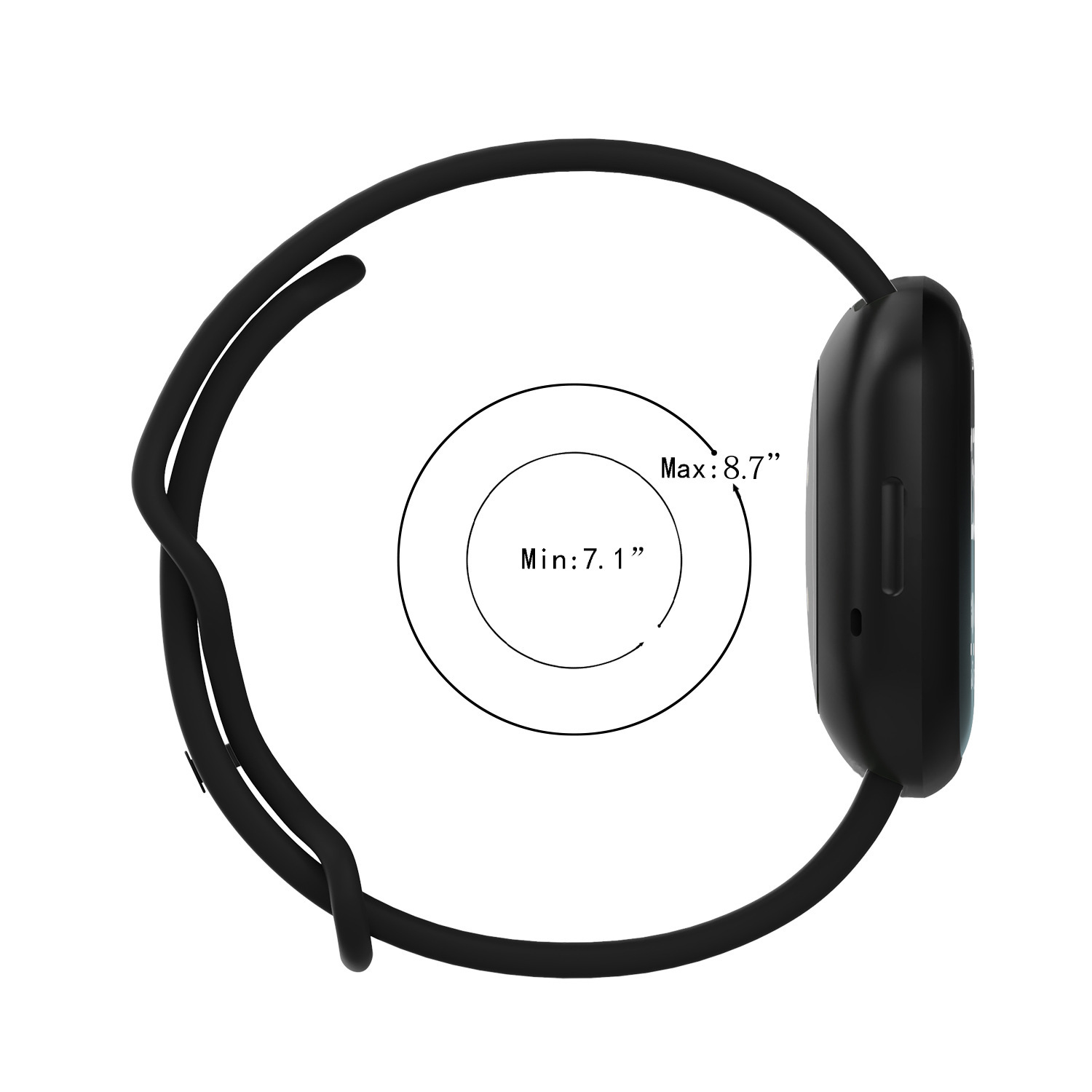 Czarny tracker fitness z okrągłym paskiem i wymiarami: min 7,1", max 8,7".