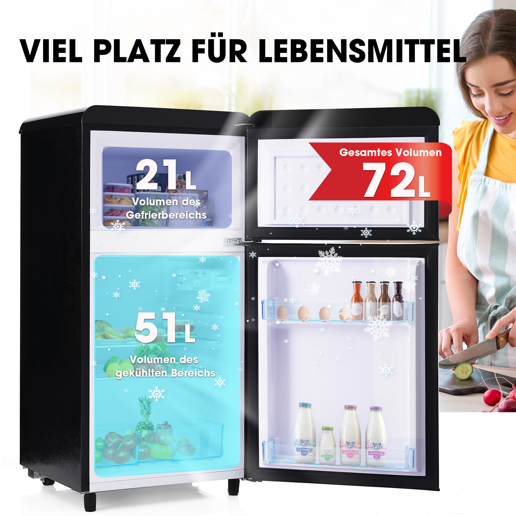 Ein geöffneter Kühlschrank, der den Gefrierbereich mit 21L und den Kühlbereich mit 51L zeigt.
