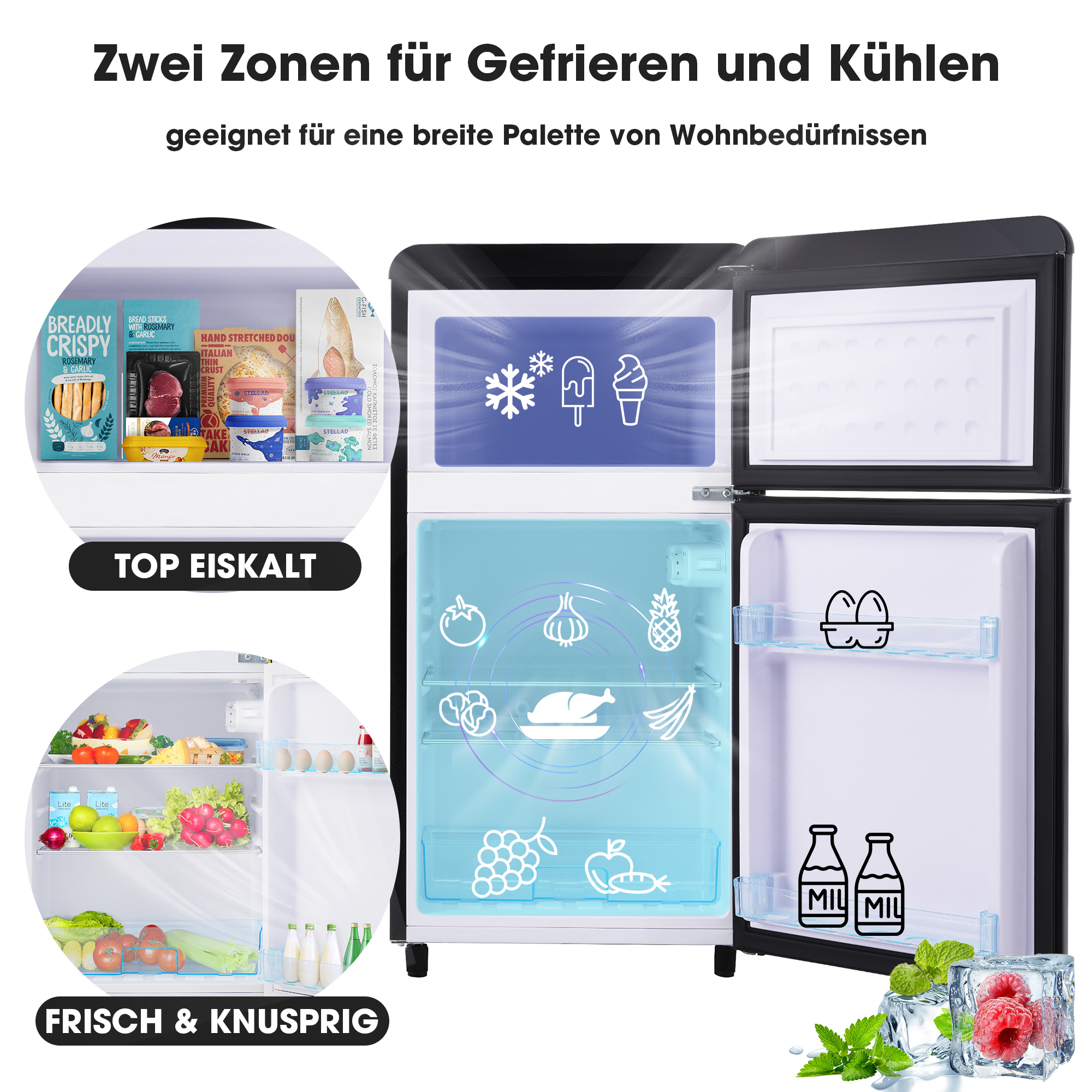 Kühlschrank mit offener Tür. Innen: Gefrier- und Kühlbereiche mit Lebensmitteln wie Gemüse und Milch.