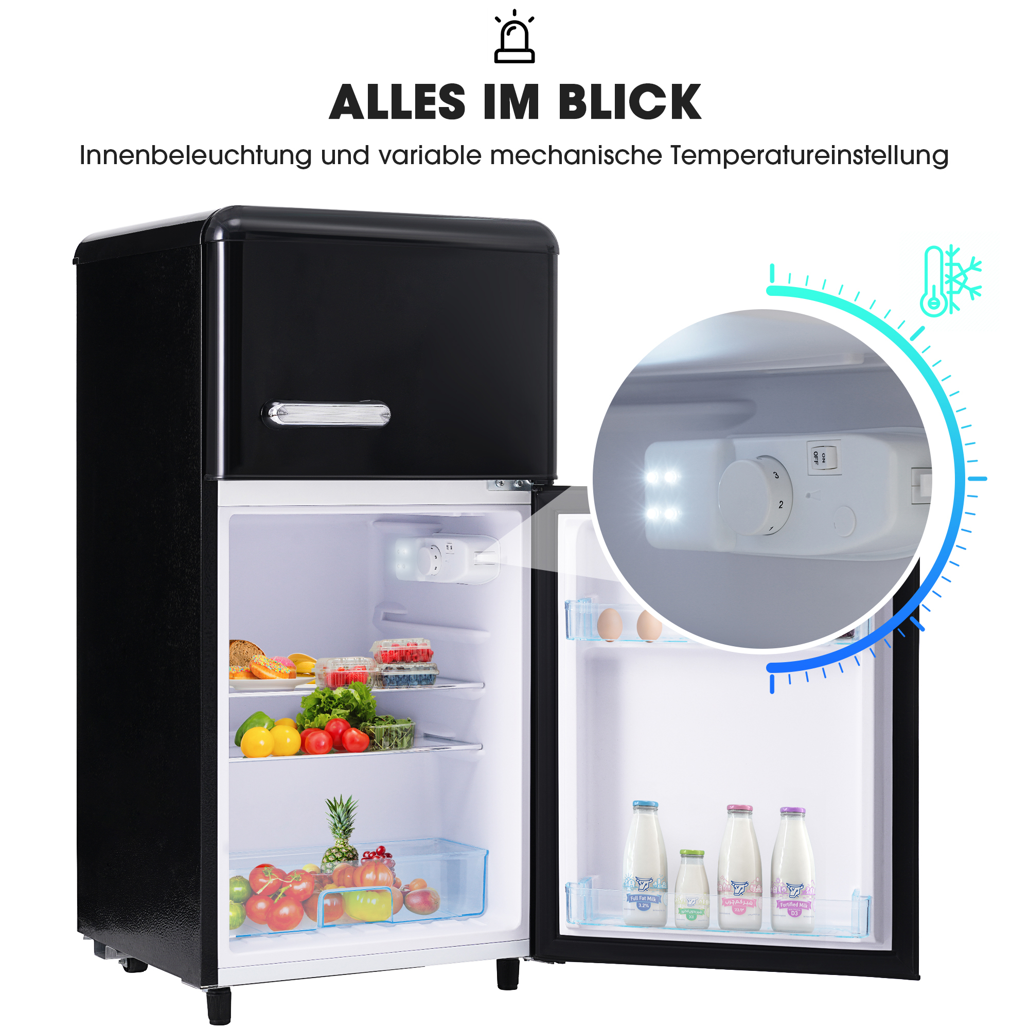 Schwarzer Mini-Kühlschrank mit offener Tür. Innen sind Lebensmittel und Flaschen sichtbar.