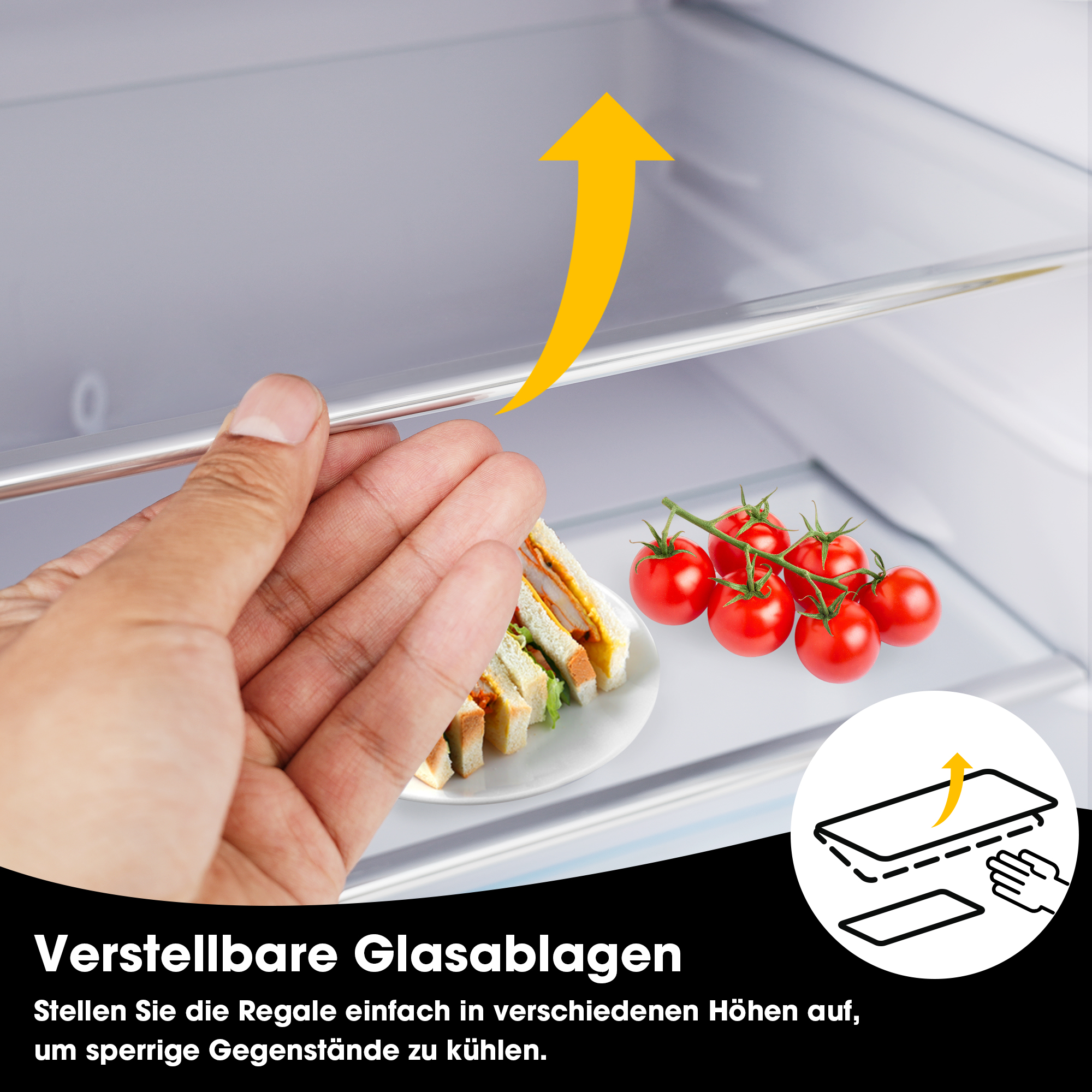Hand, die in einen Kühlschrank greift, mit Tomaten und Sandwiches sichtbar.