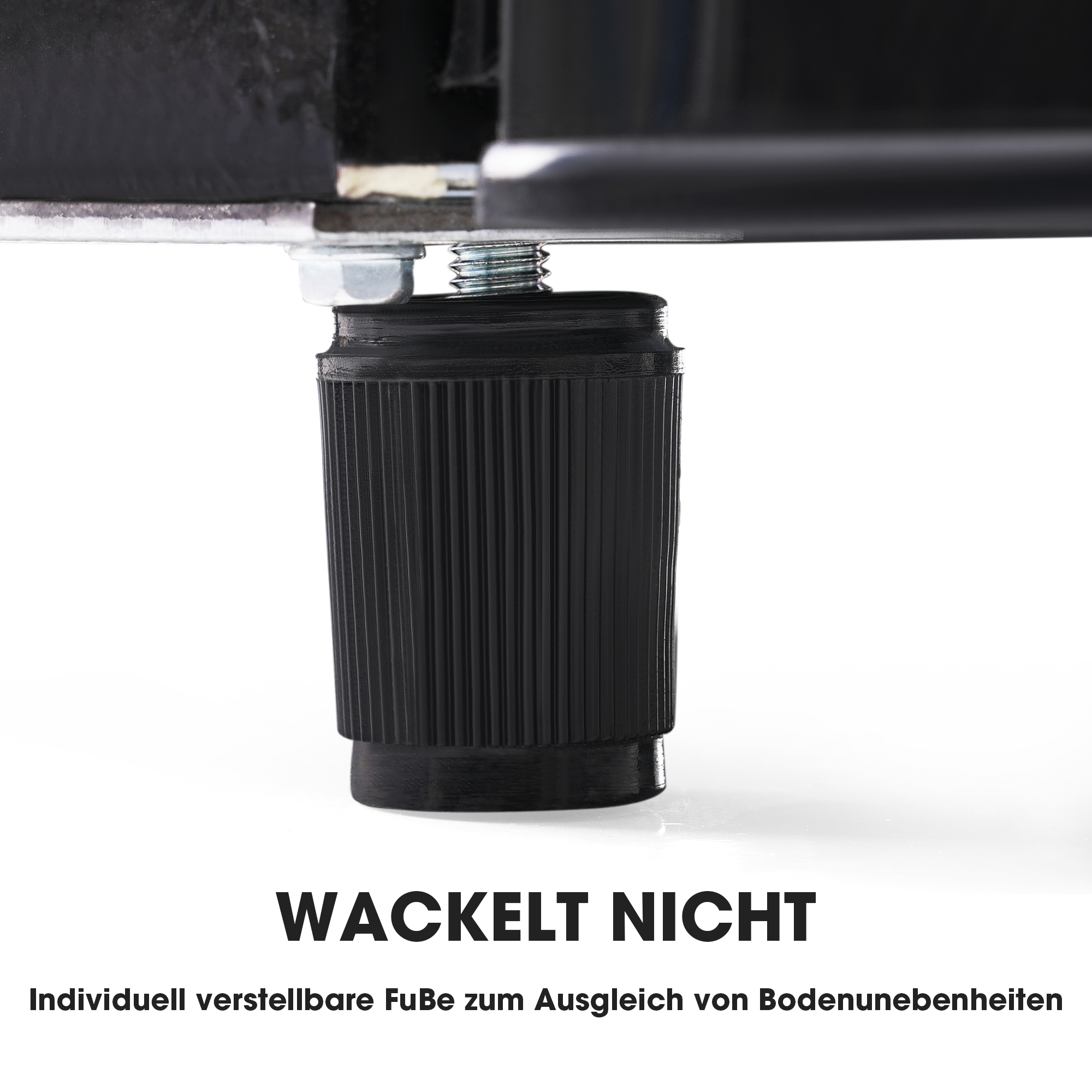 Schwarzes Möbelbein mit verstellbarem Fuß und Schraube.