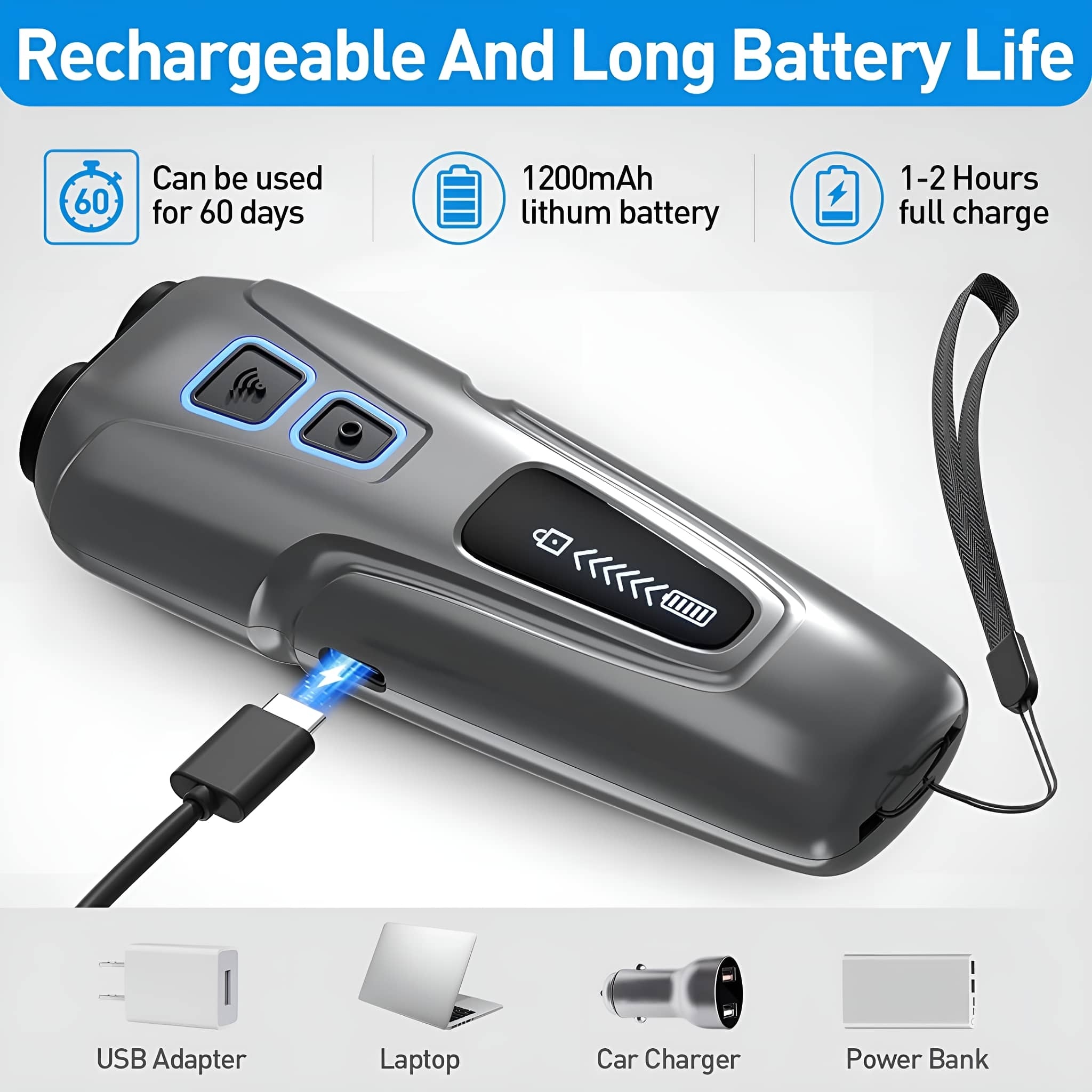 Graues Gerät mit USB-Kabel. Es hat Knöpfe und Symbole für Akku und Nutzung.