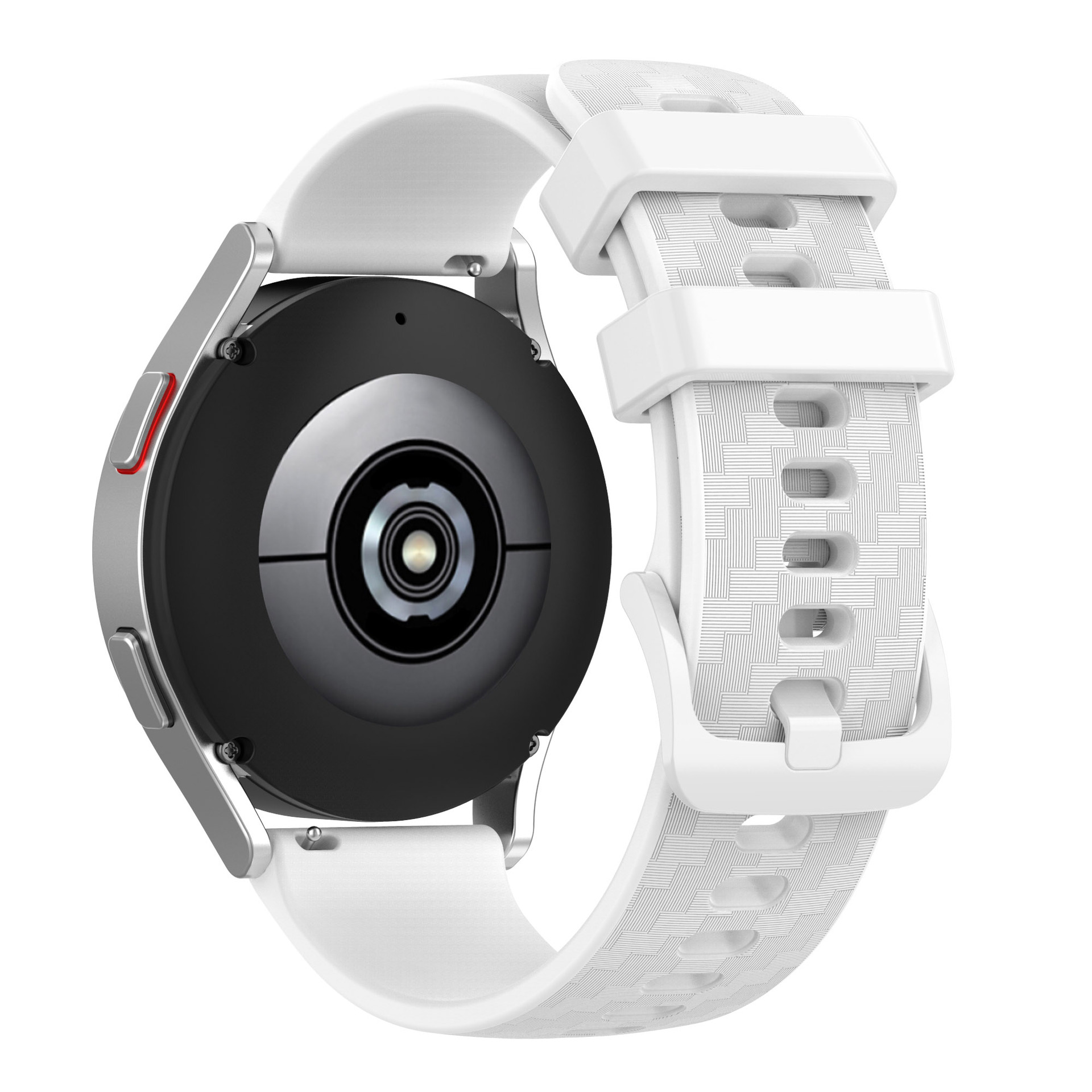 Biały zegarek z białym paskiem, zbliżenie na zegarek i pasek.