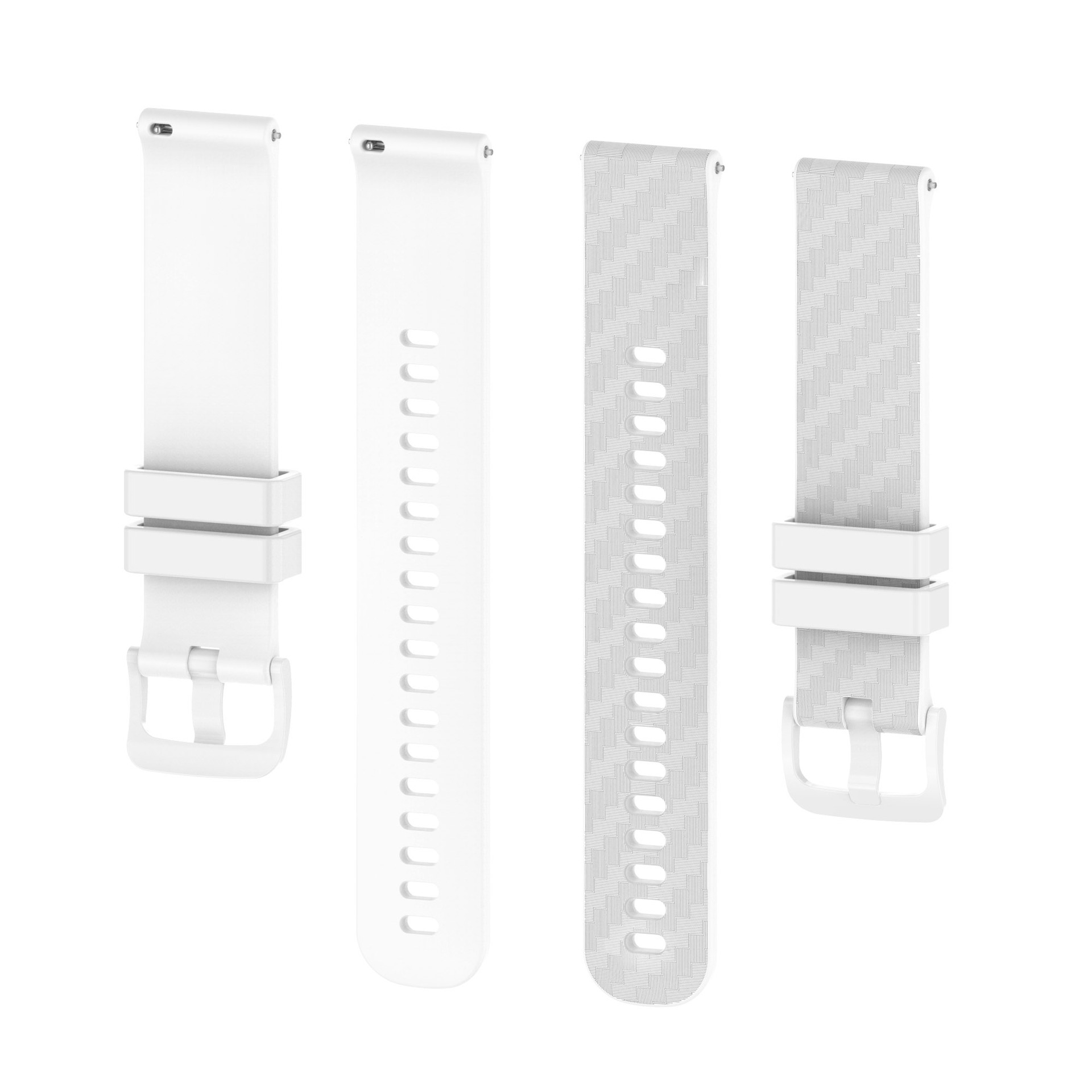 Dwa zestawy białych pasków do zegarków. Jeden z otworami, drugi ze wzorem i klamrą.