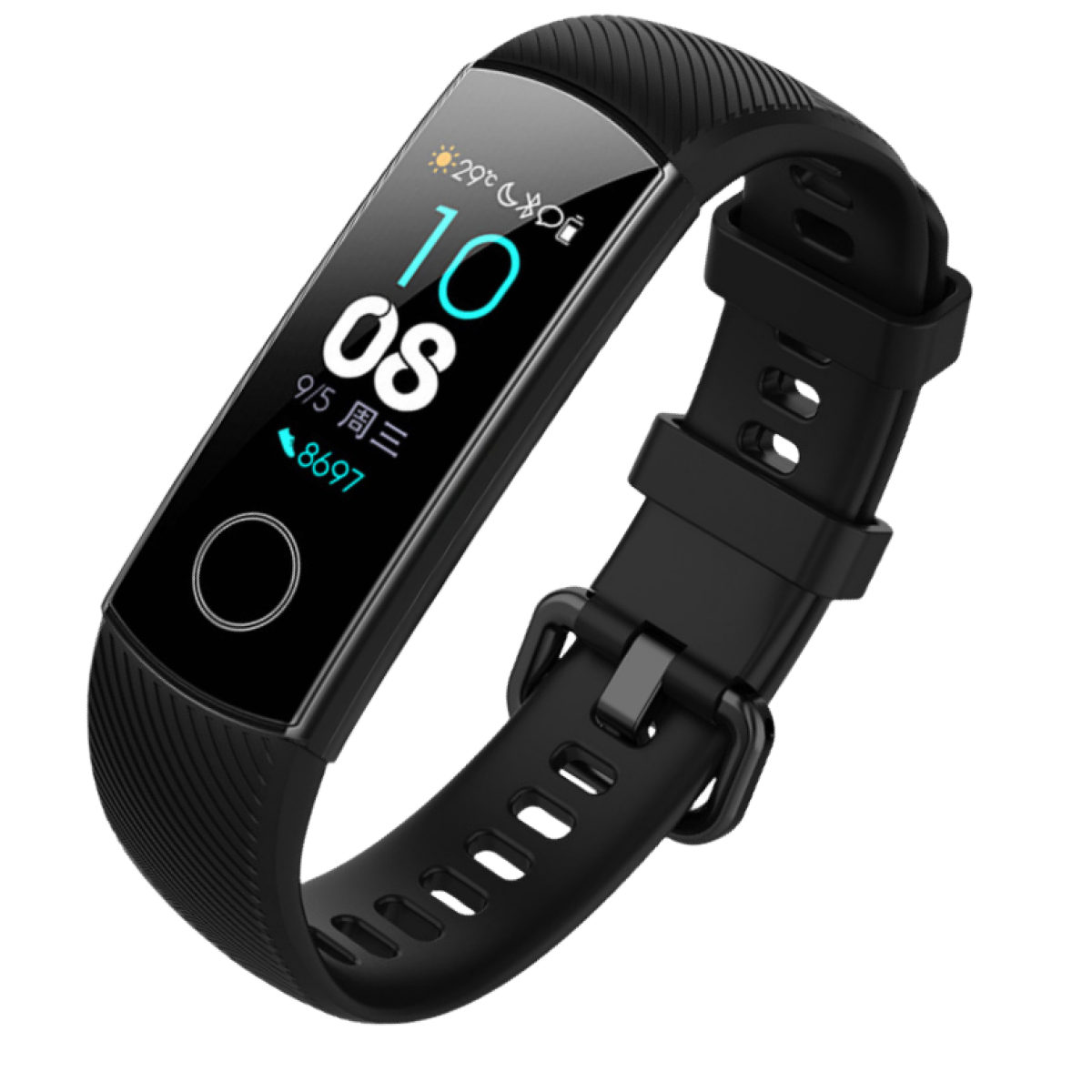 Czarny zegarek fitness wyświetlający godzinę, datę, kroki, ikony pogody i czarny pasek.