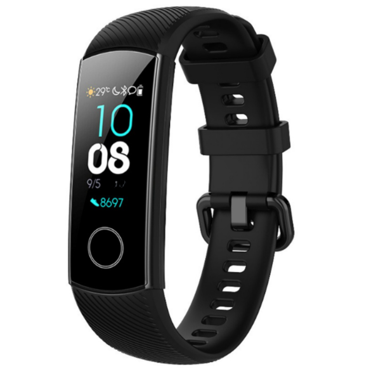 Czarna inteligentna opaska z ekranem wyświetlającym godzinę, kroki i dane pogodowe.