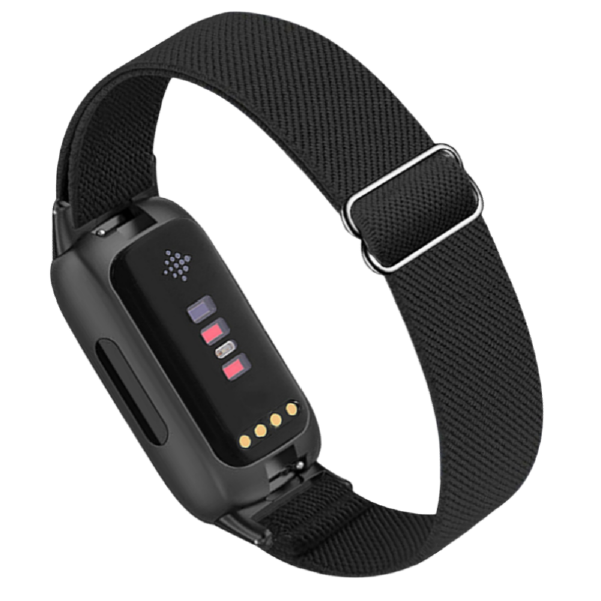 Czarny tracker fitness z czarnym paskiem, srebrną klamrą i czterema żółtymi kropkami.