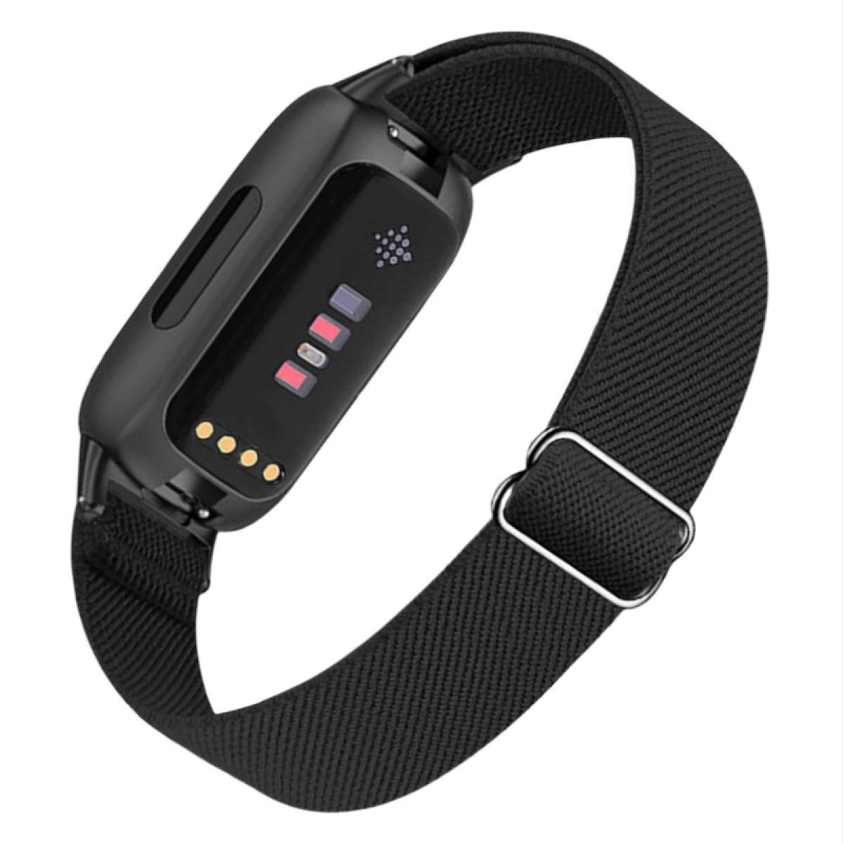 Czarny tracker fitness z czarnym paskiem. Tracker wyświetla czerwone i żółte światła.