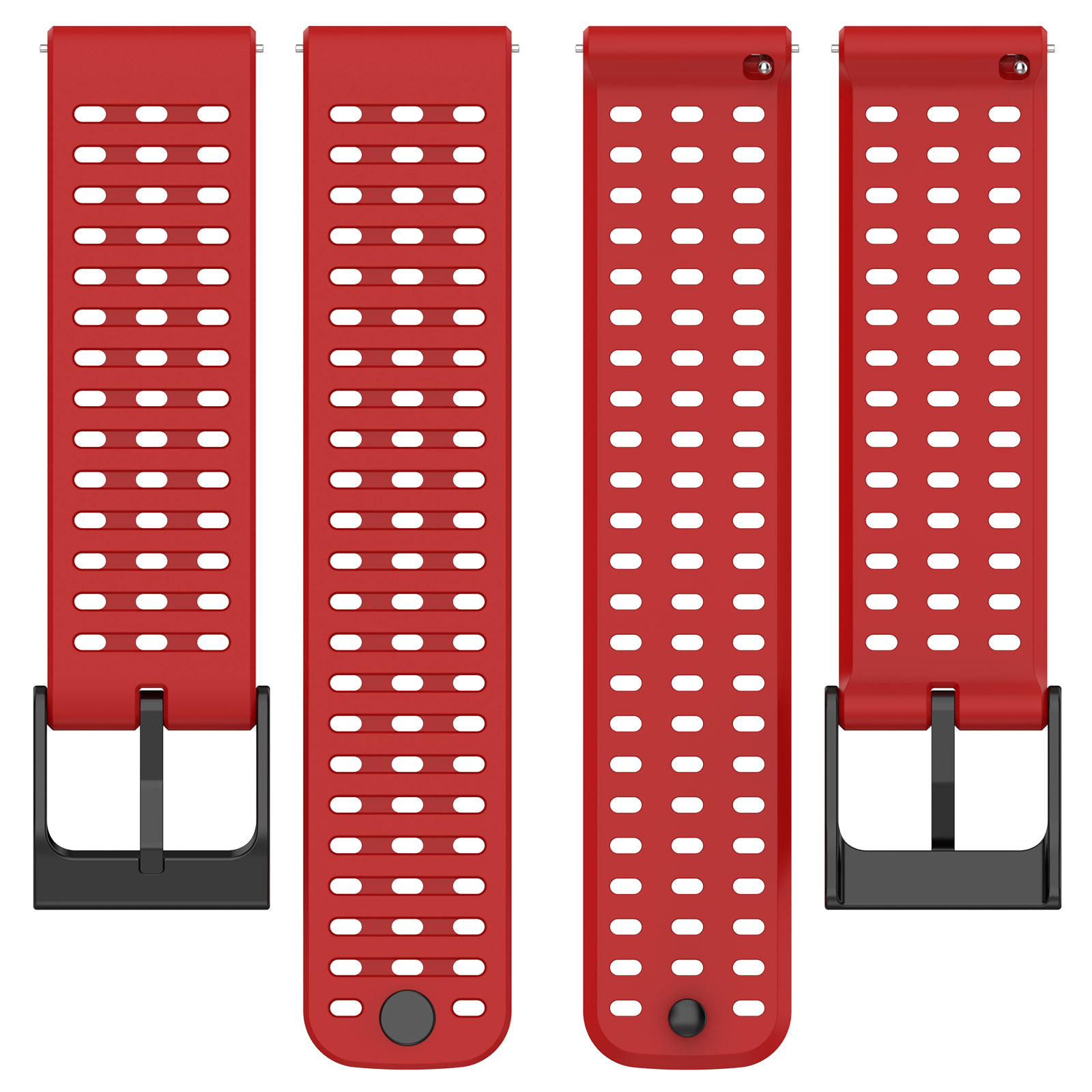 Cztery czerwone paski do zegarków. Każdy pasek ma otwory i czarną klamrę.