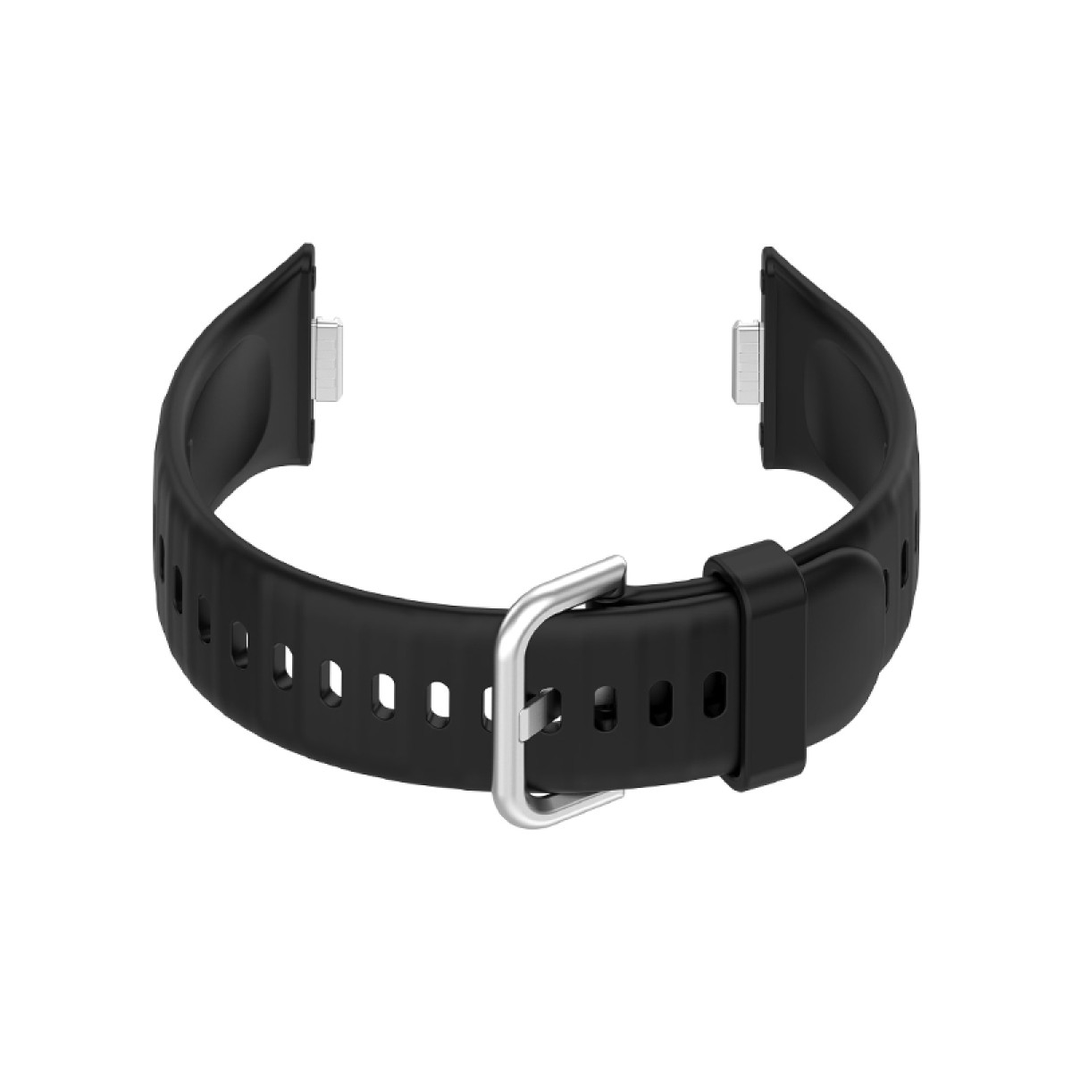 Czarny pasek do zegarka ze sprzączką i otworami. Pasek jest izolowany na białym tle.