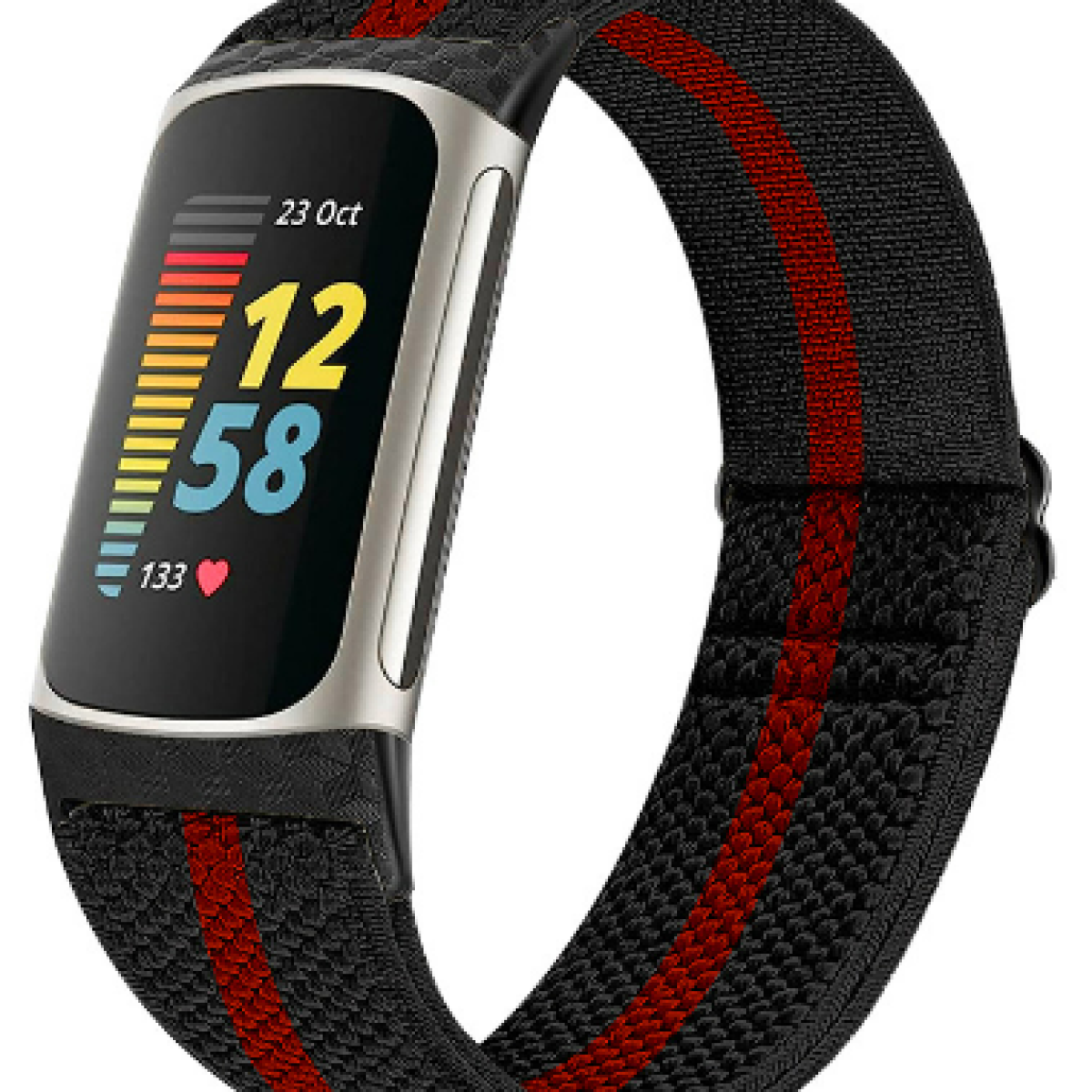 Czarny i czerwony smartwatch z wyświetlaczem pokazującym datę i godzinę. Pasek ma czerwone paski.