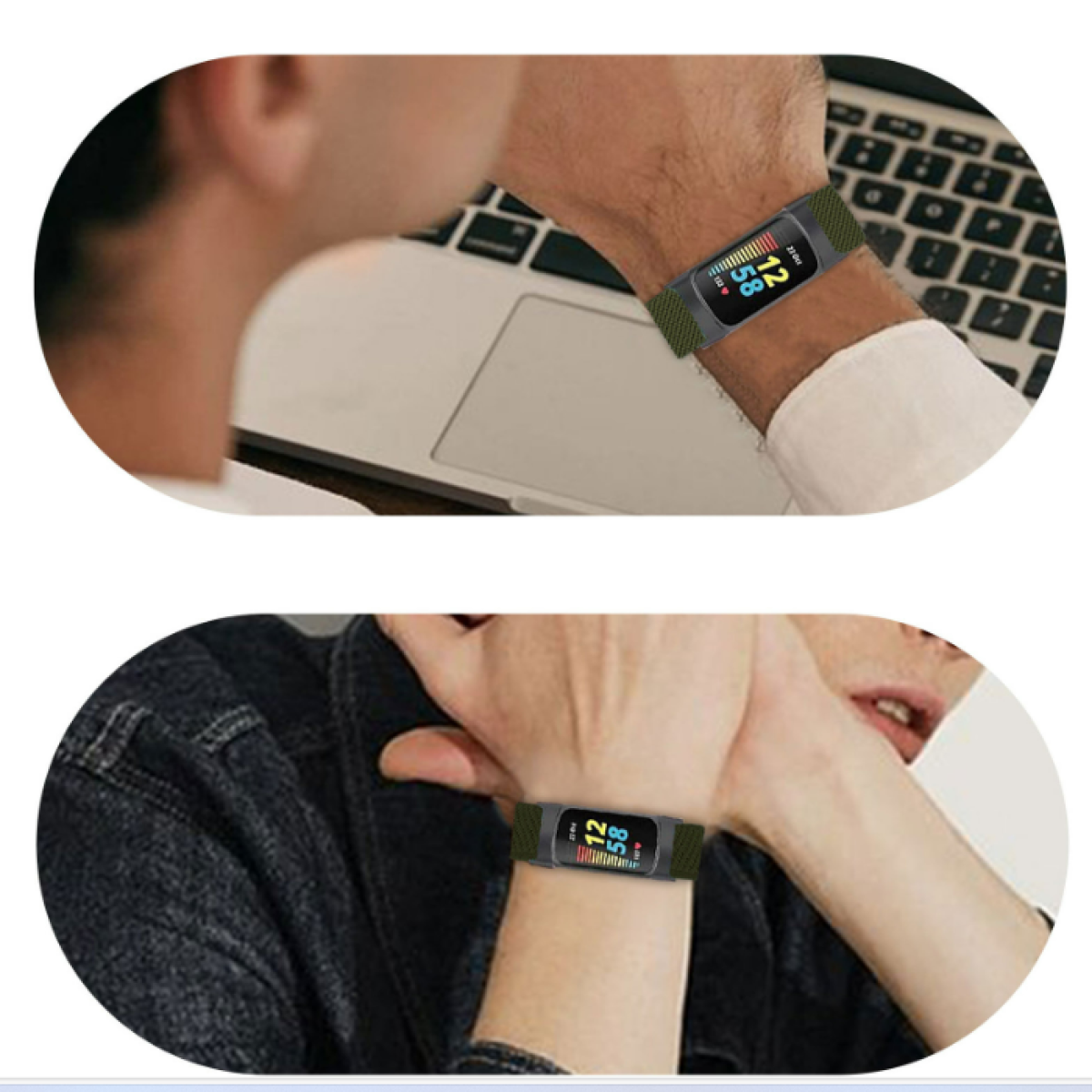 Dwie osoby noszą smartwatche na nadgarstkach. Zegarki wyświetlają czas i dane.