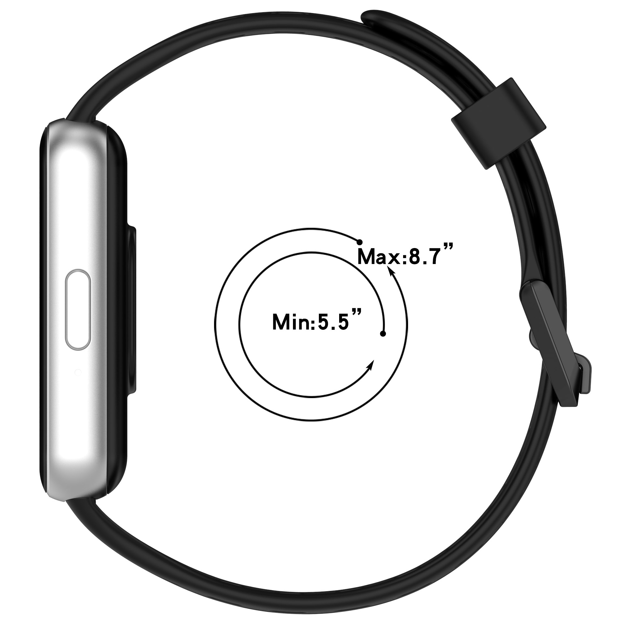 Smartwatch z czarnym paskiem i srebrną krawędzią. Pasek pokazuje zakres rozmiarów.