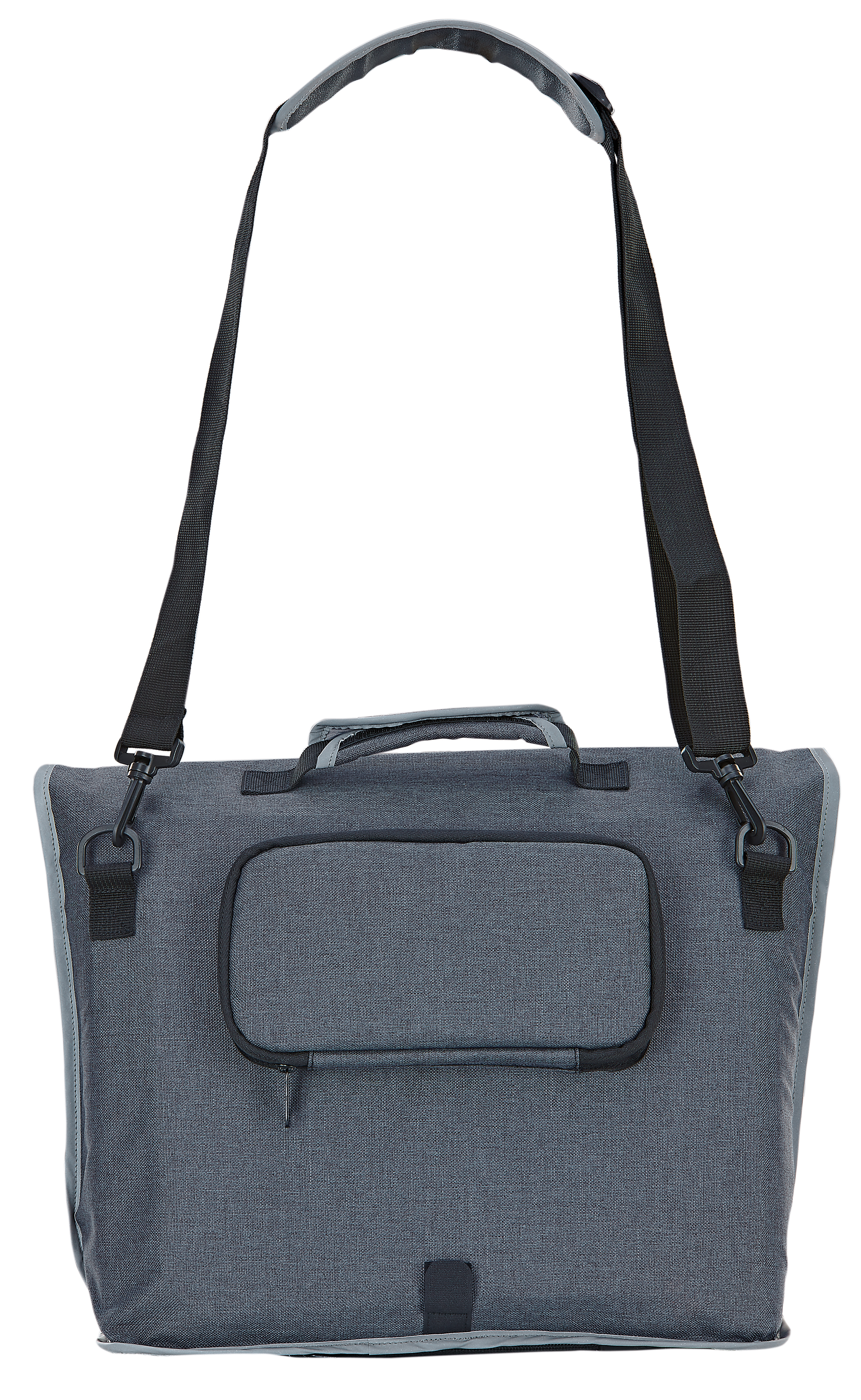 Graue Umhängetasche mit Vordertasche und Schulterriemen.