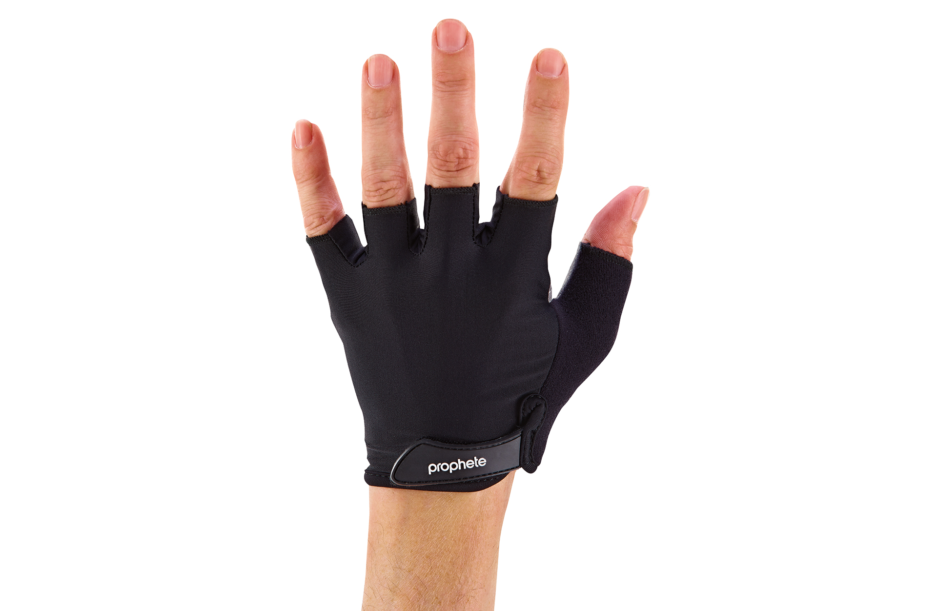 Schwarzer fingerloser Handschuh an einer Hand, mit Prophete-Logo.