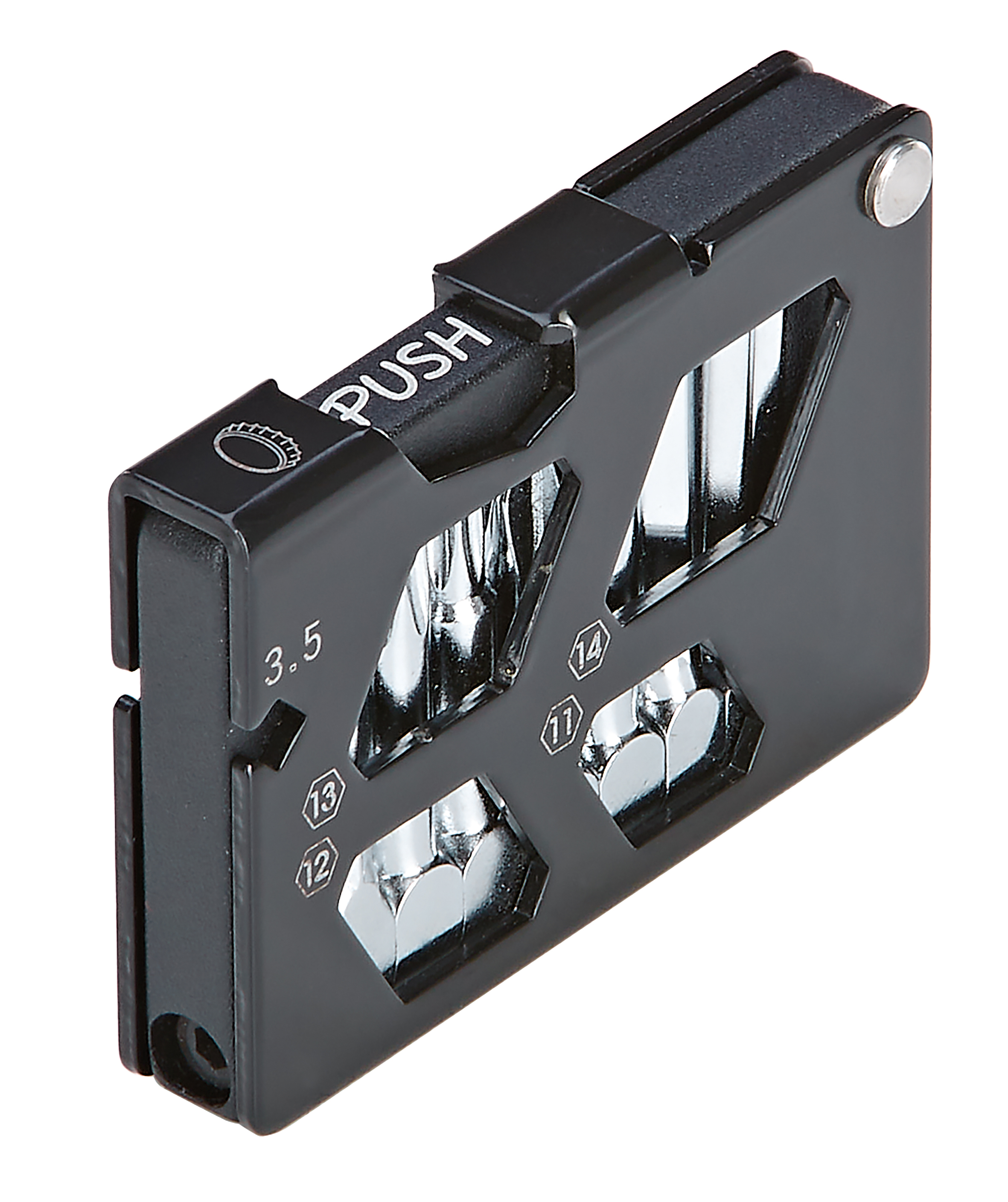 Schwarzes Multi-Tool mit verschiedenen Steckdosen und einem Druckknopf. Das Werkzeug ist eckig.