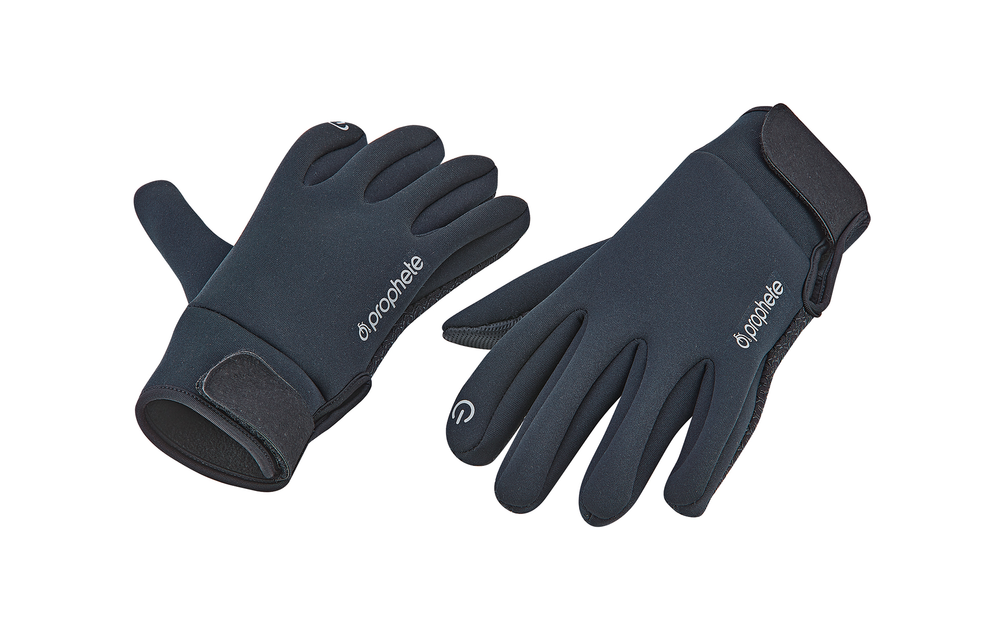 Schwarze Handschuhe. Auf den Handschuhen steht der Markenname 'prophete'. Klettverschluss am Handgelenk.