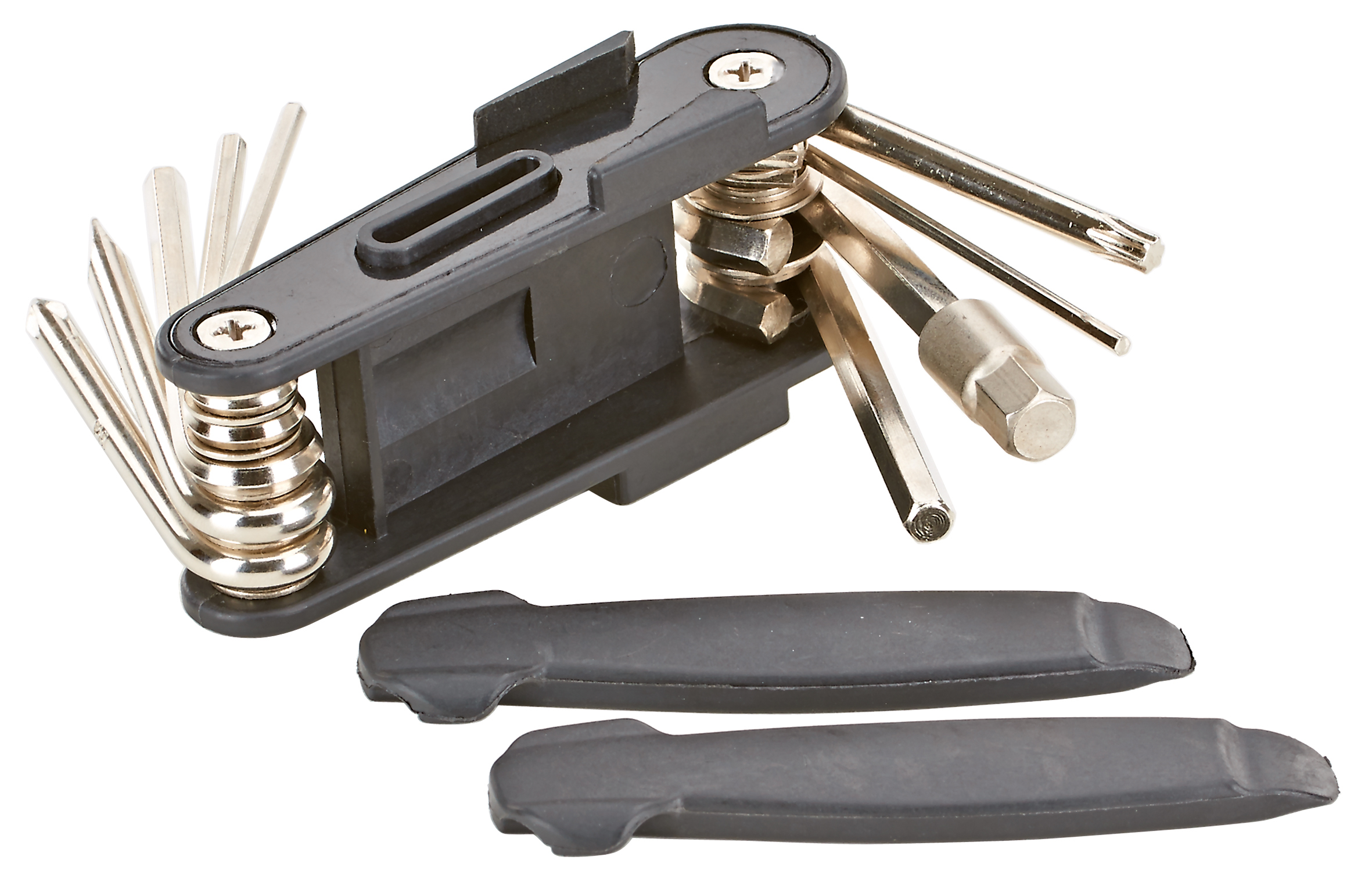 Schwarzes Multitool mit Bits und Reifenhebeln, auf weißer Oberfläche.