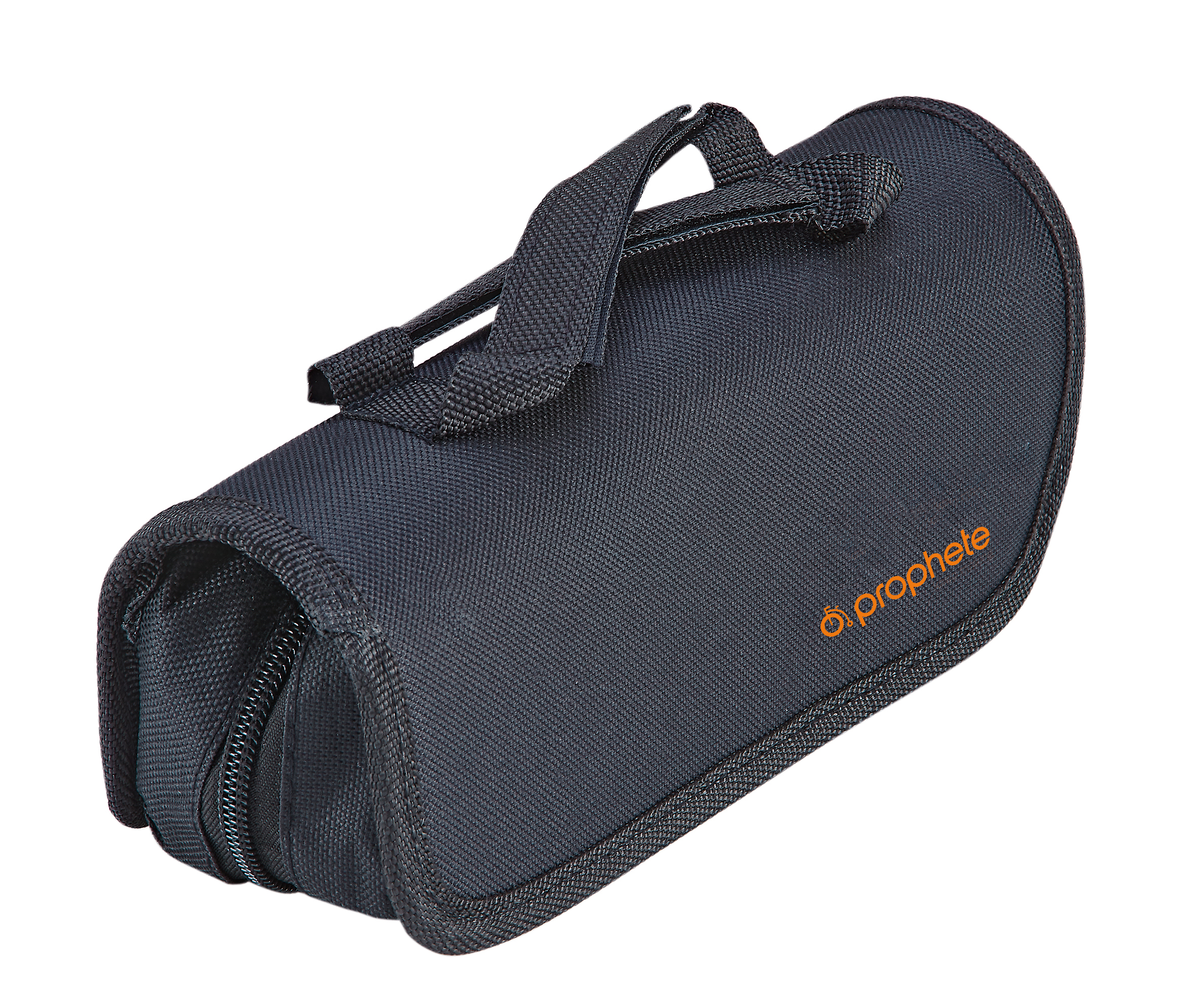 Eine schwarze, zylindrische Tasche mit Griff und Reißverschluss. Auf der Tasche steht 'prophete'.
