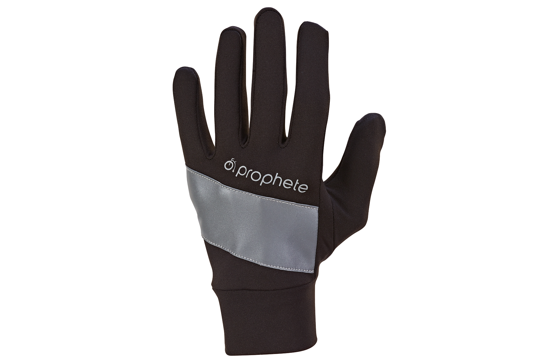 Schwarzer Handschuh mit reflektierendem grauem Streifen. Weißer Hintergrund.