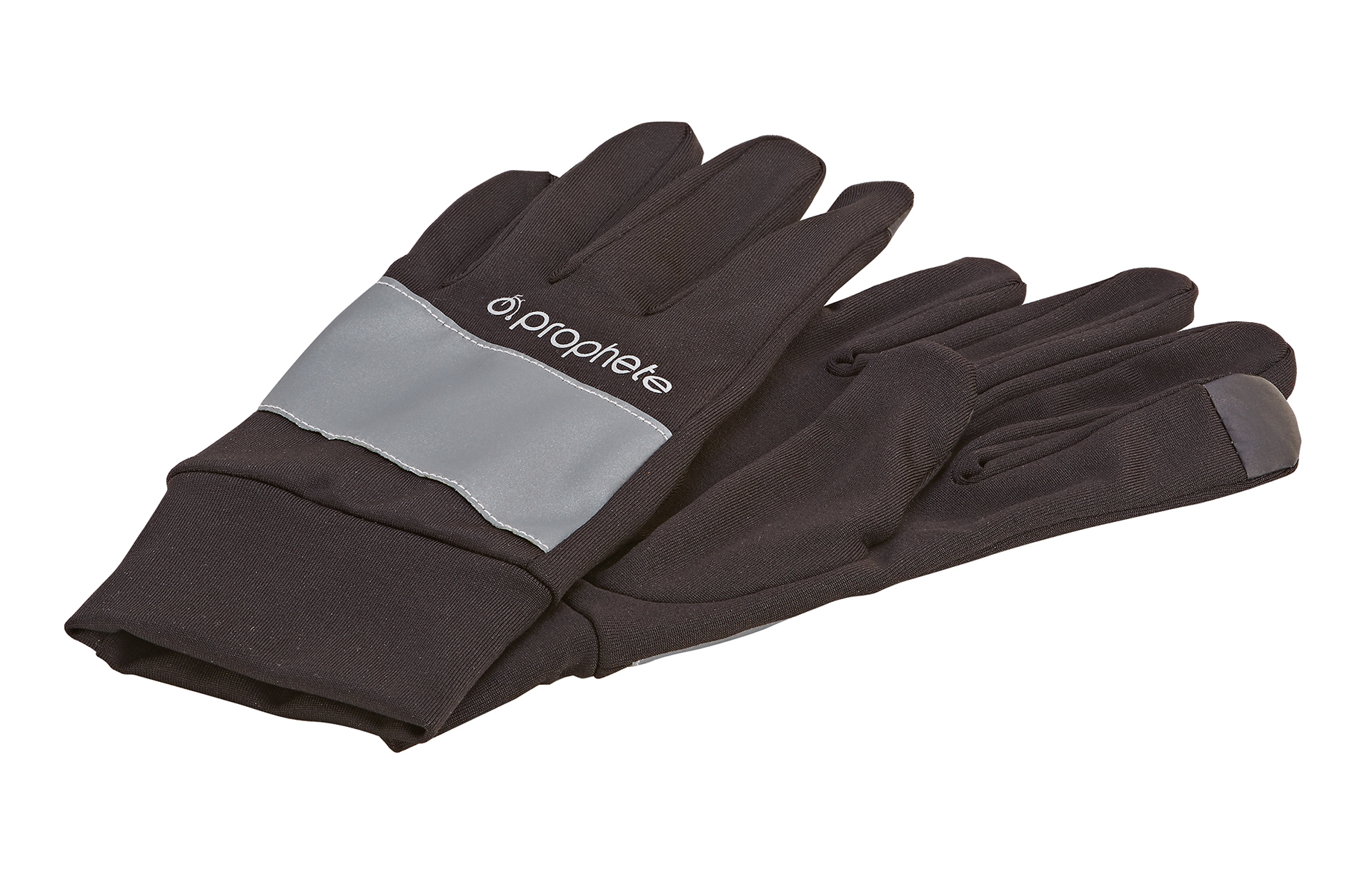Schwarze Handschuhe mit reflektierendem silbernen Band am Handgelenk, mit dem Markennamen 'prophete'.