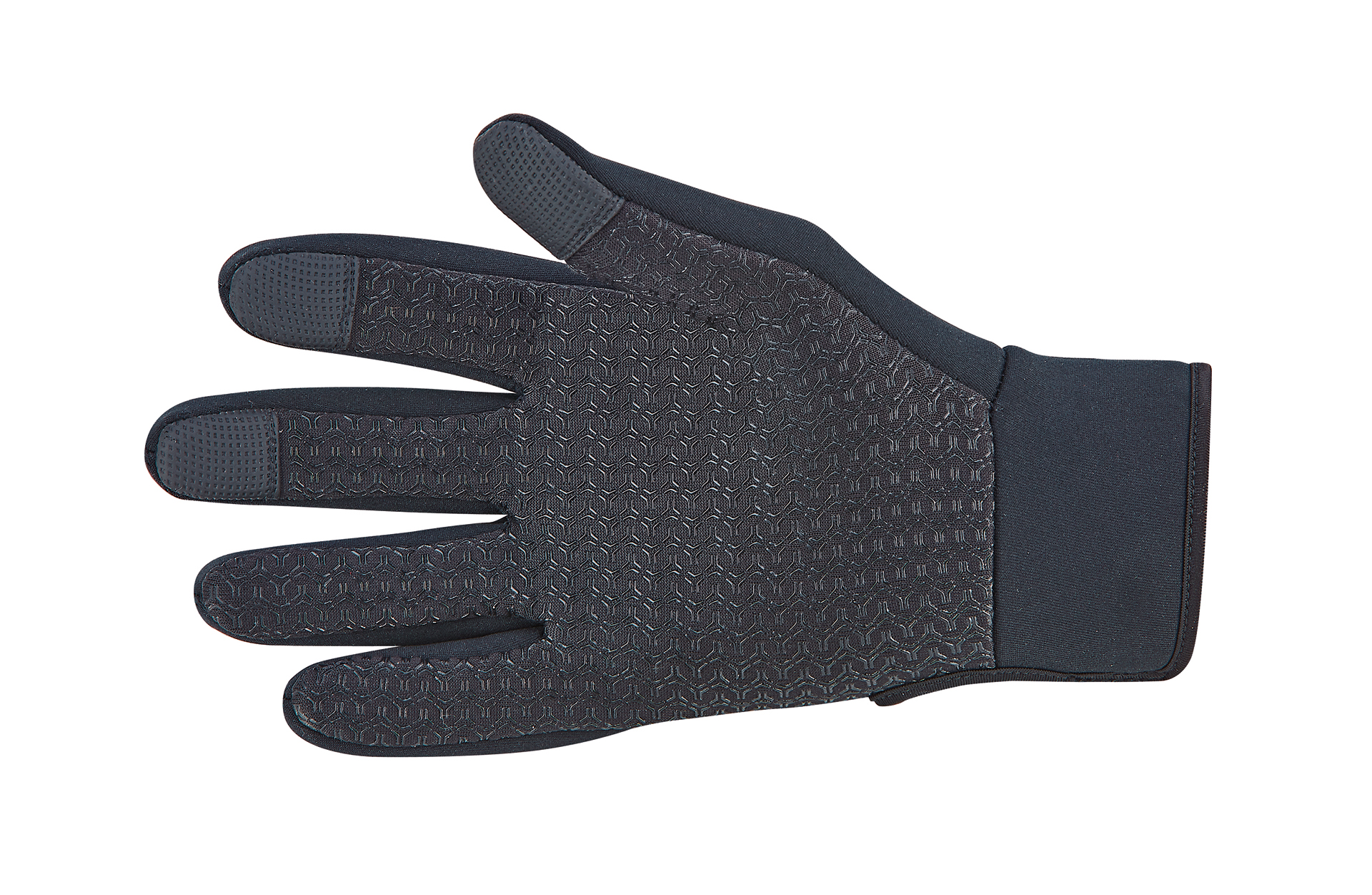 Ein schwarzer Handschuh mit strukturierter Grifffläche an Handfläche und Fingerspitzen, vor weißem Hintergrund.