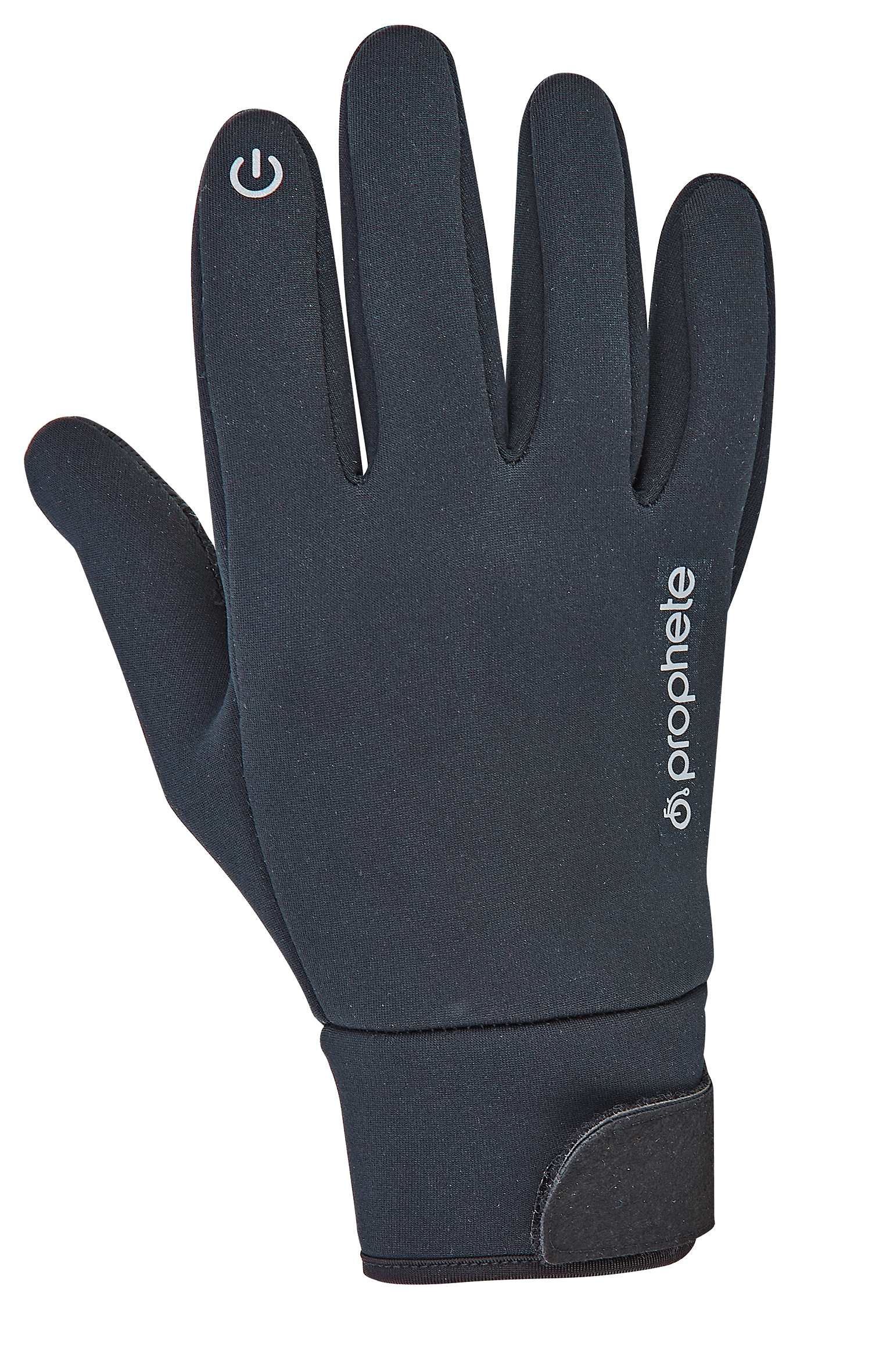 Ein schwarzer Handschuh mit Ein-/Aus-Taste und dem Markennamen 'prophete'.