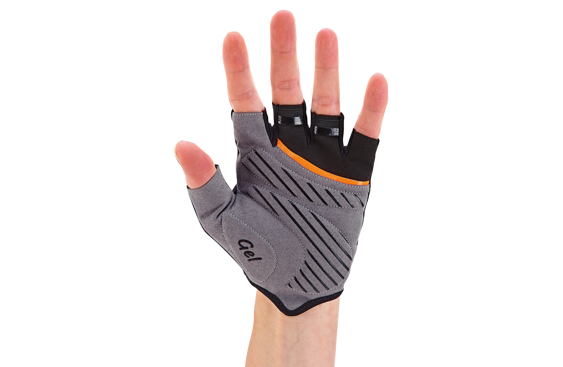Eine Hand, die einen grau-schwarzen Fahrradhandschuh trägt.