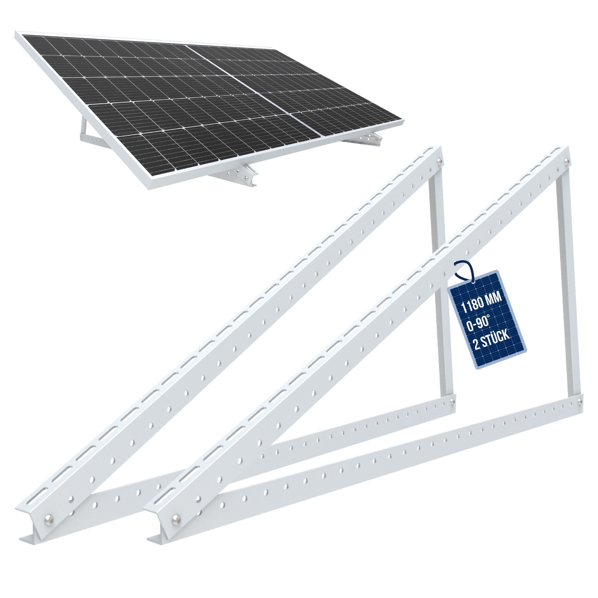 Solarpanel auf Montagehalterungen. Weiße Metallhalterungen halten das Panel. Etikett zeigt Größe und Winkel.