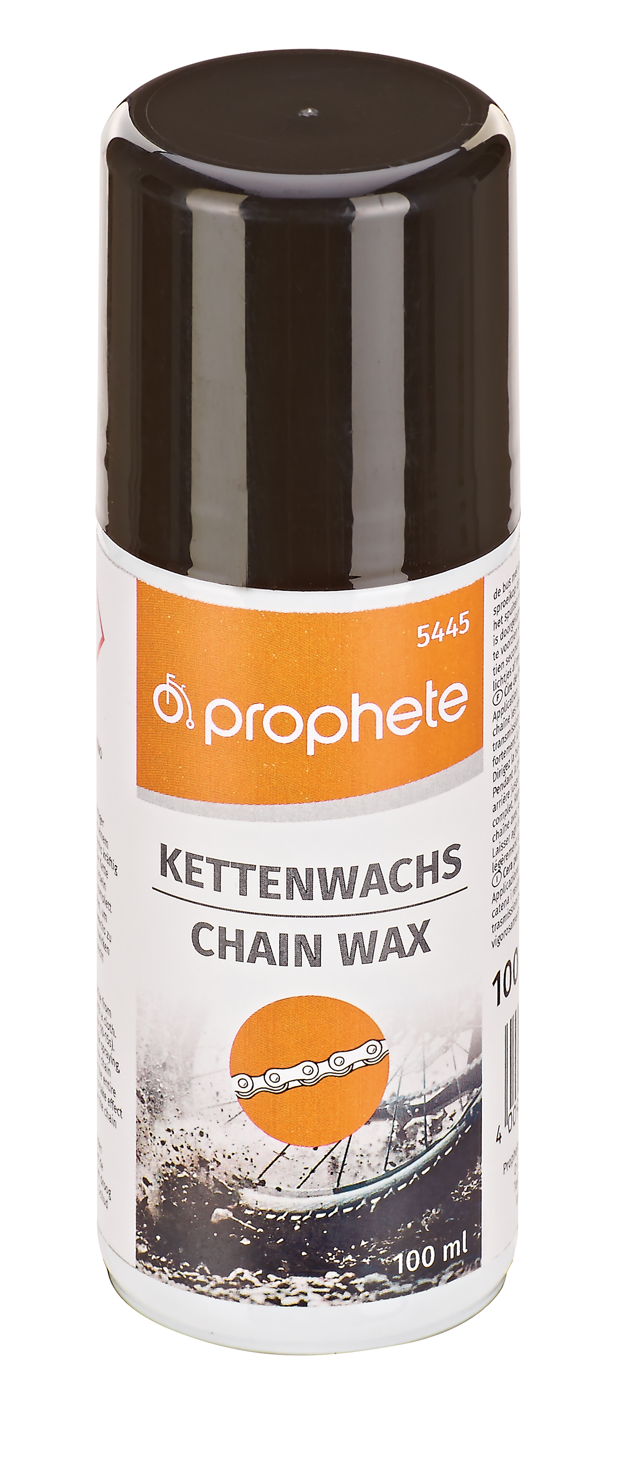 Eine schwarz-braune Sprühdose mit der Aufschrift 'Kettenwachs Chain Wax' und einer Fahrradketten-Grafik.