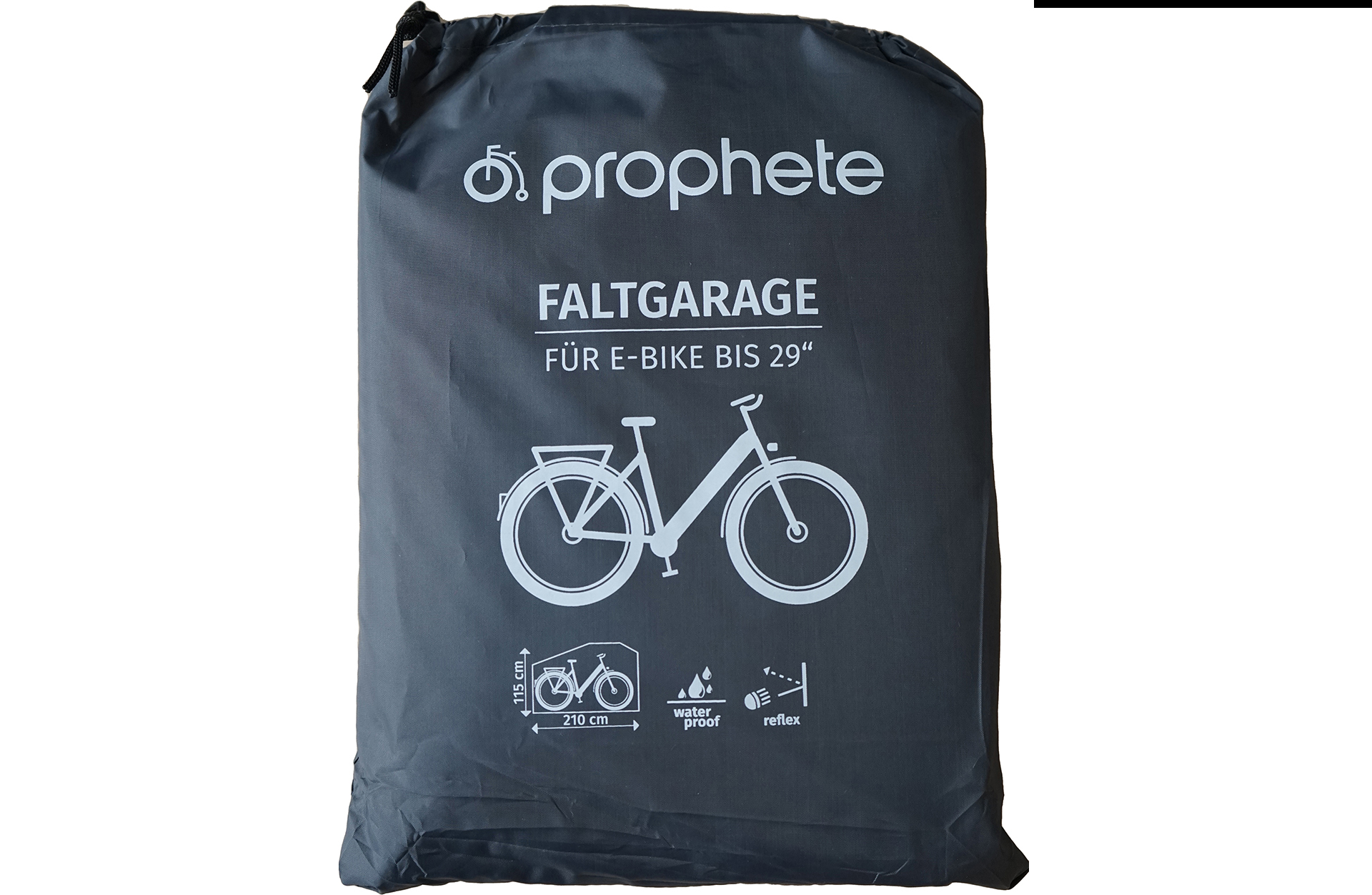 Eine schwarze Fahrradabdeckung mit einer Fahrradillustration. Die Abdeckung ist mit 'Prophete' beschriftet.