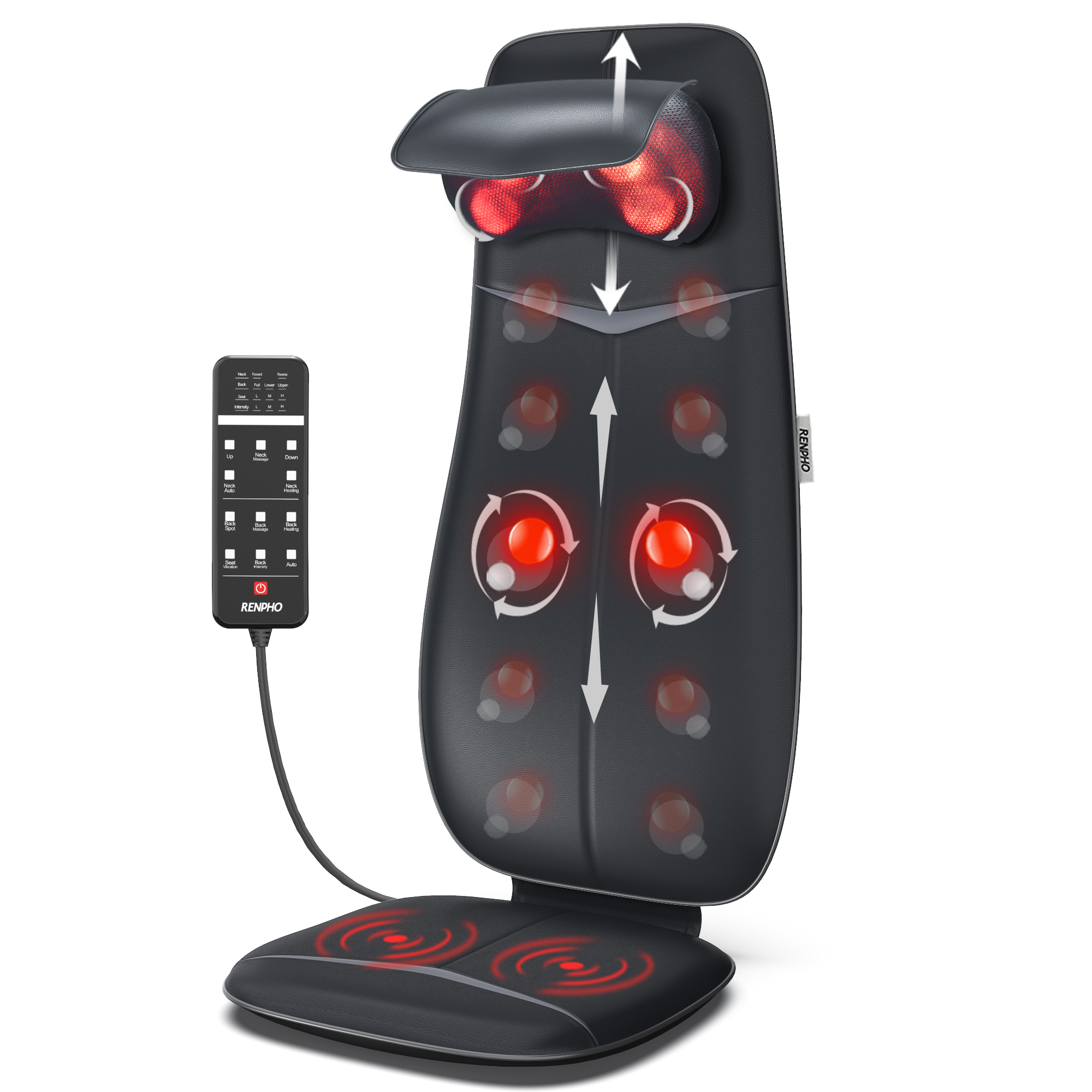 Ein schwarzer Massagestuhl. Er hat eine Fernbedienung und rote Lichter. Pfeile zeigen Massagebereiche.