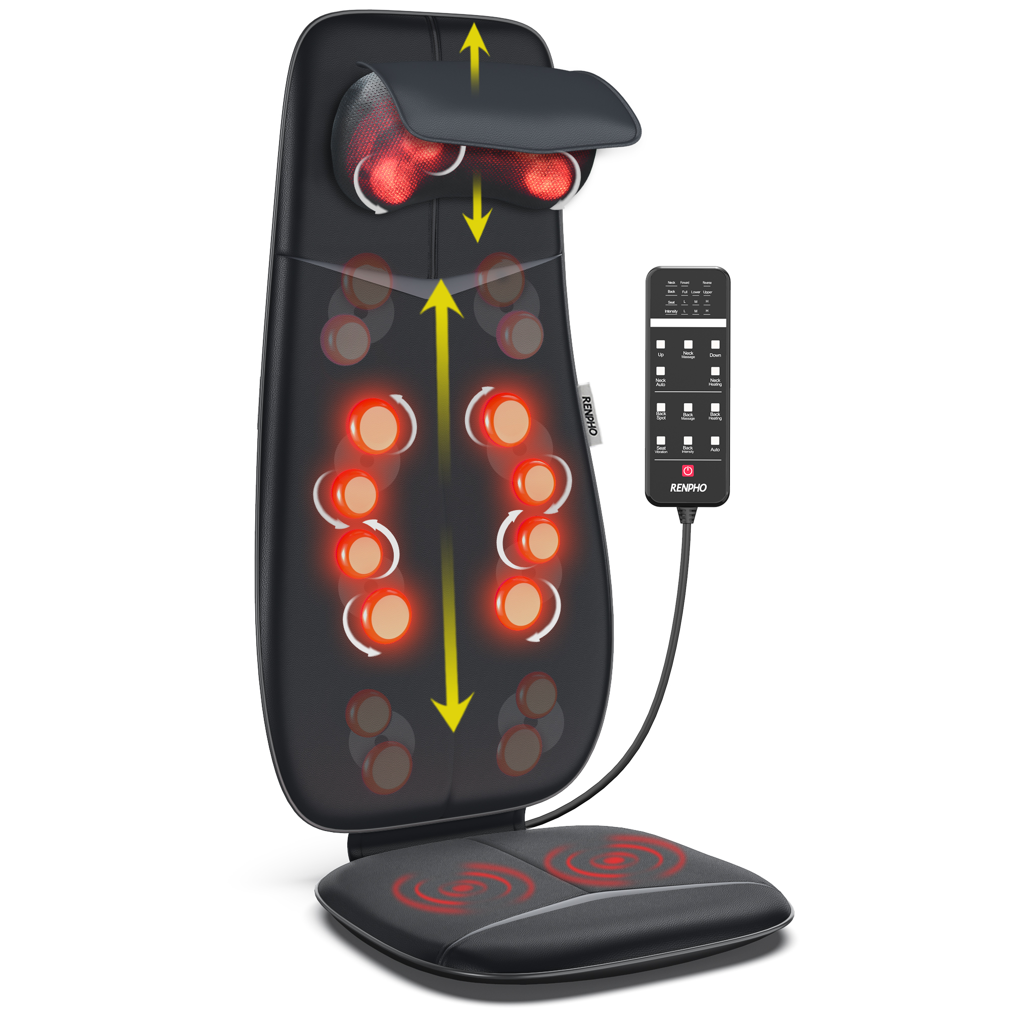 Schwarzes Massagestuhlpad mit Fernbedienung. Pfeile zeigen die Massageanweisungen an. Rote Lichter sind an.
