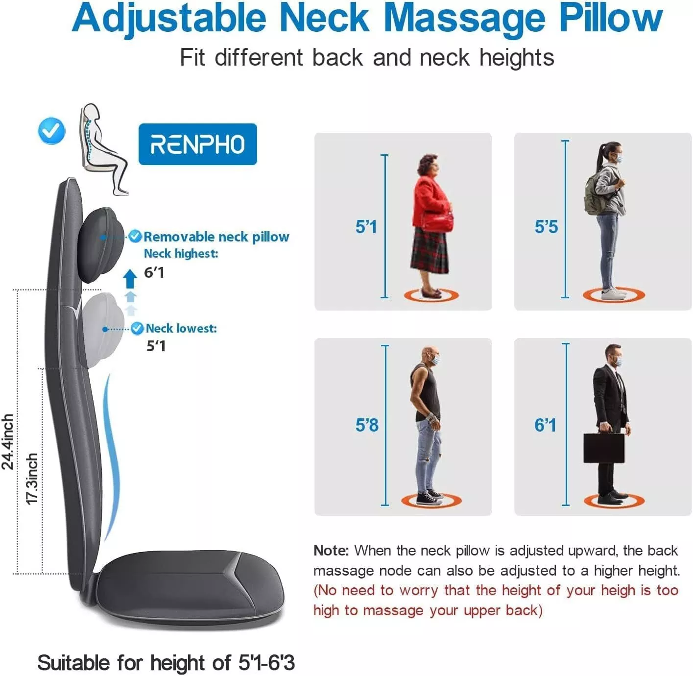 Ein verstellbares Nackenmassagekissen mit Höhenangaben und Personenillustrationen zum Größenvergleich.