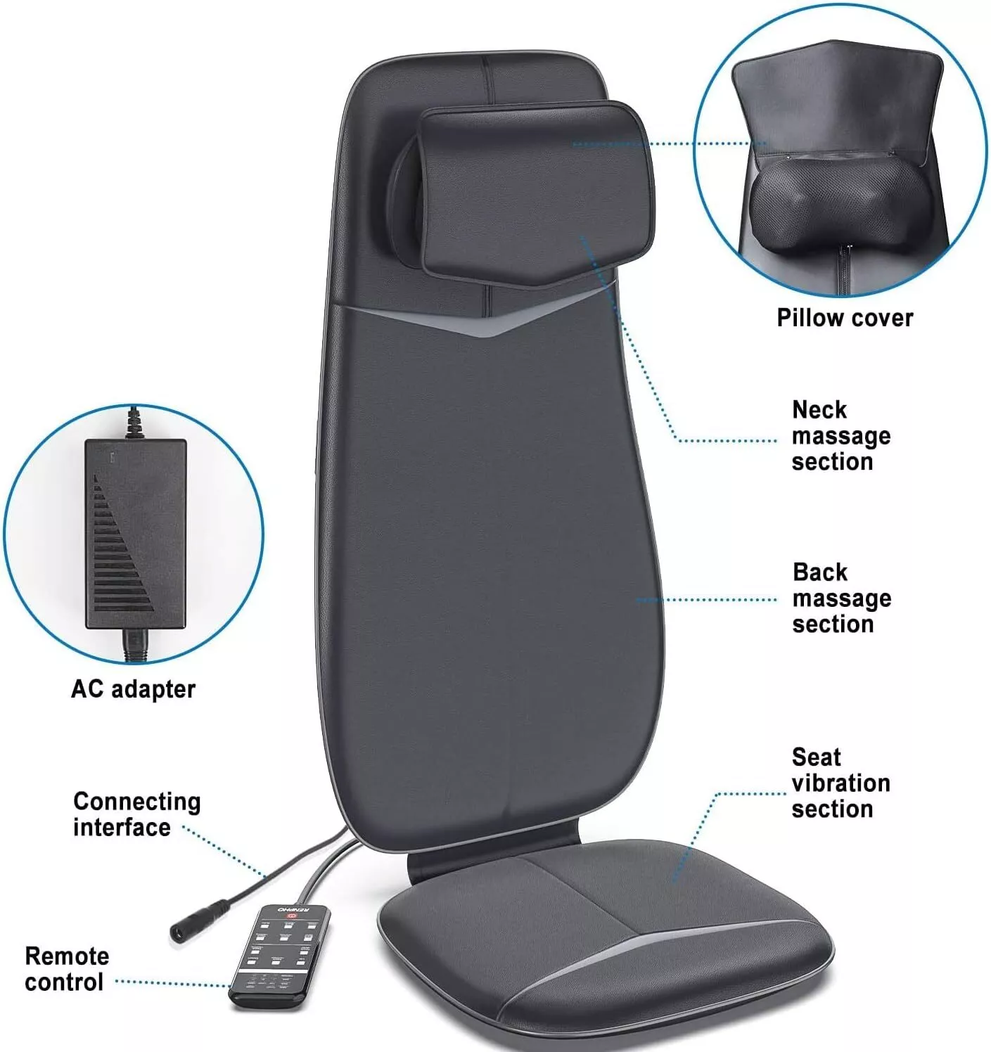 Ein schwarzer Massagestuhl mit Bereichen für Nacken, Rücken und Sitzvibration sowie Netzteil und Fernbedienung.