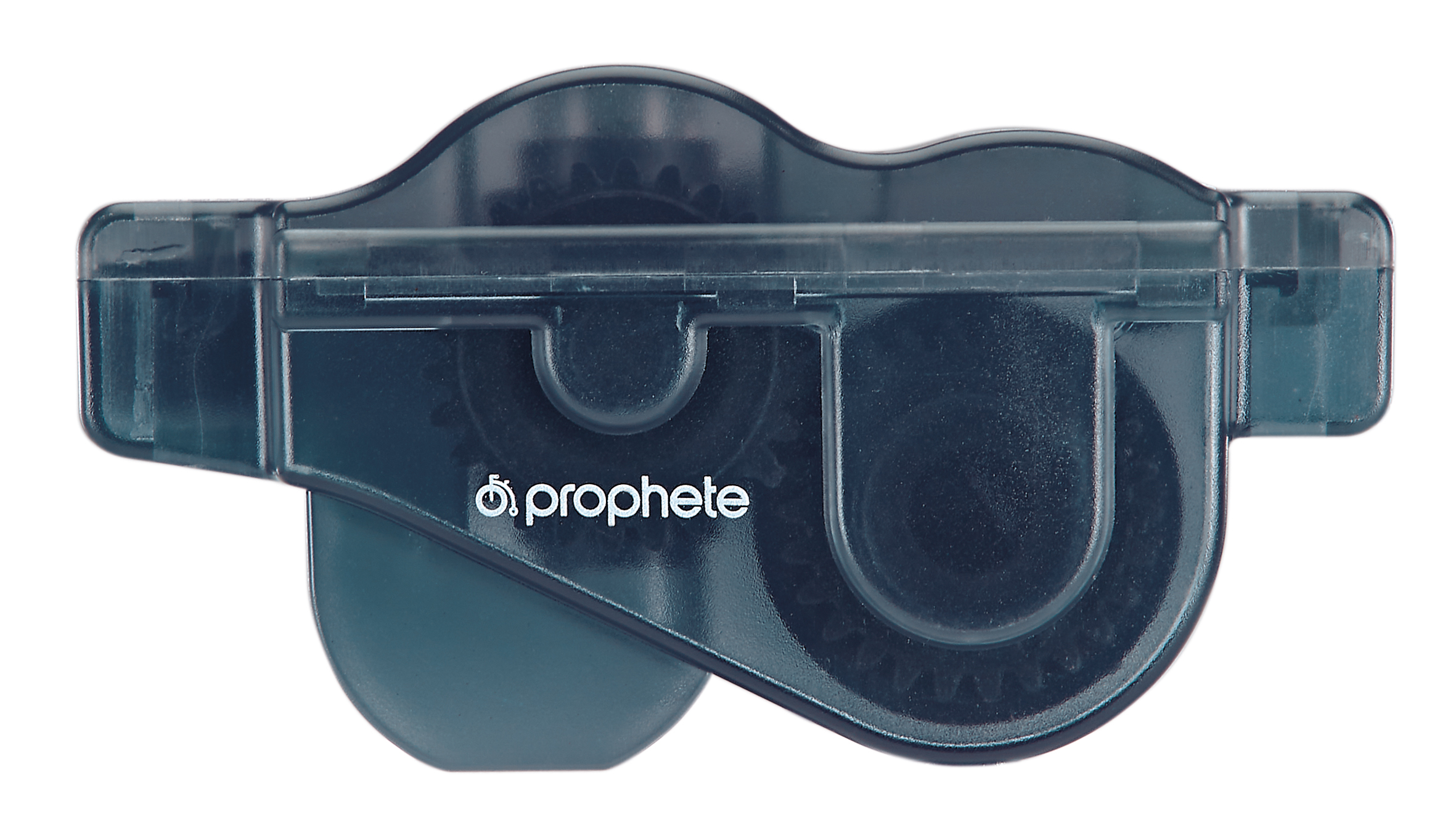 Ein transparentes, dunkelgrünes Fahrradkettenreinigungsgerät mit dem Markennamen 'prophete'.