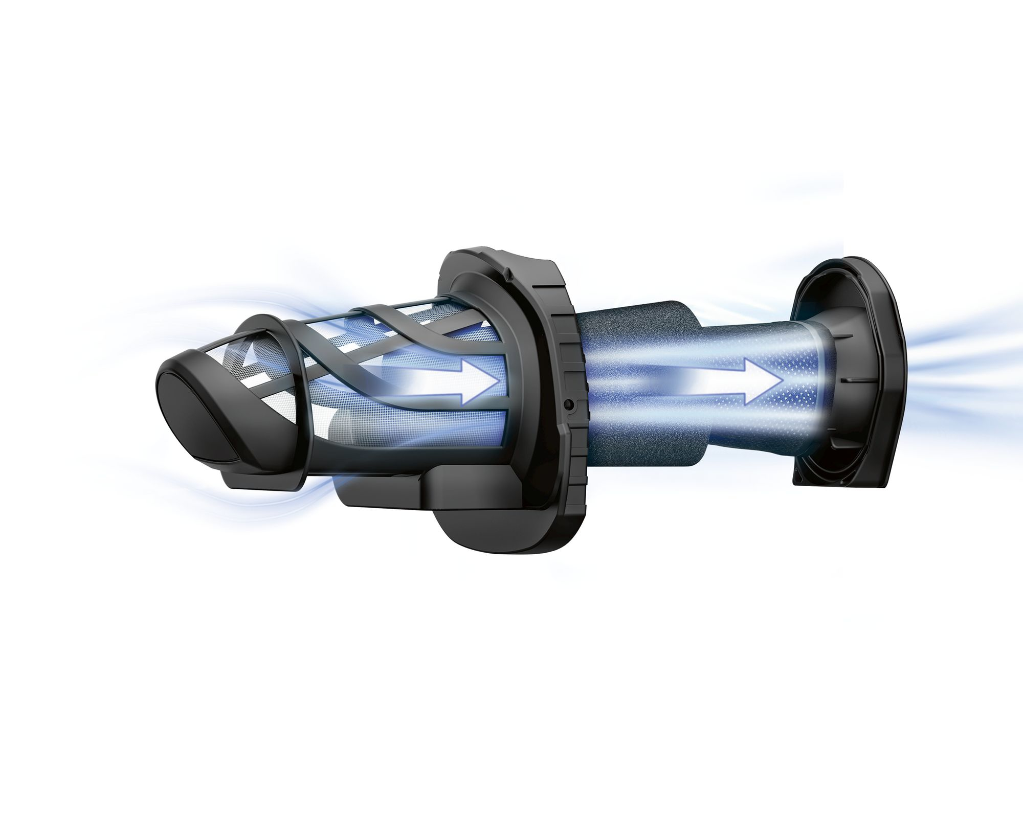 Czarny filtr do odkurzacza z białymi strzałkami pokazującymi kierunek przepływu powietrza. Filtr ma siatkową konstrukcję z niebieskimi akcentami.