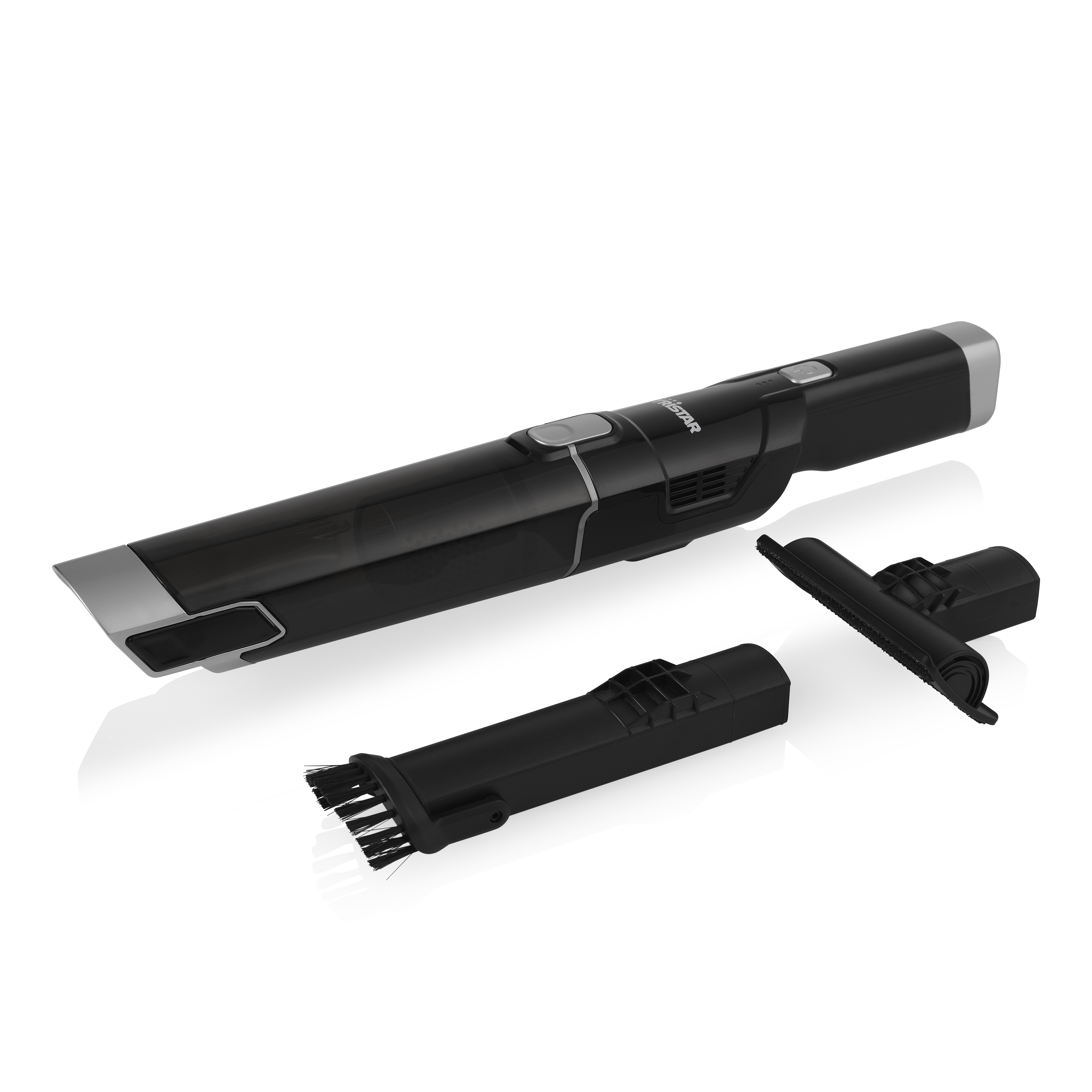 Un aspirapolvere portatile nero con tre accessori su una superficie bianca.
