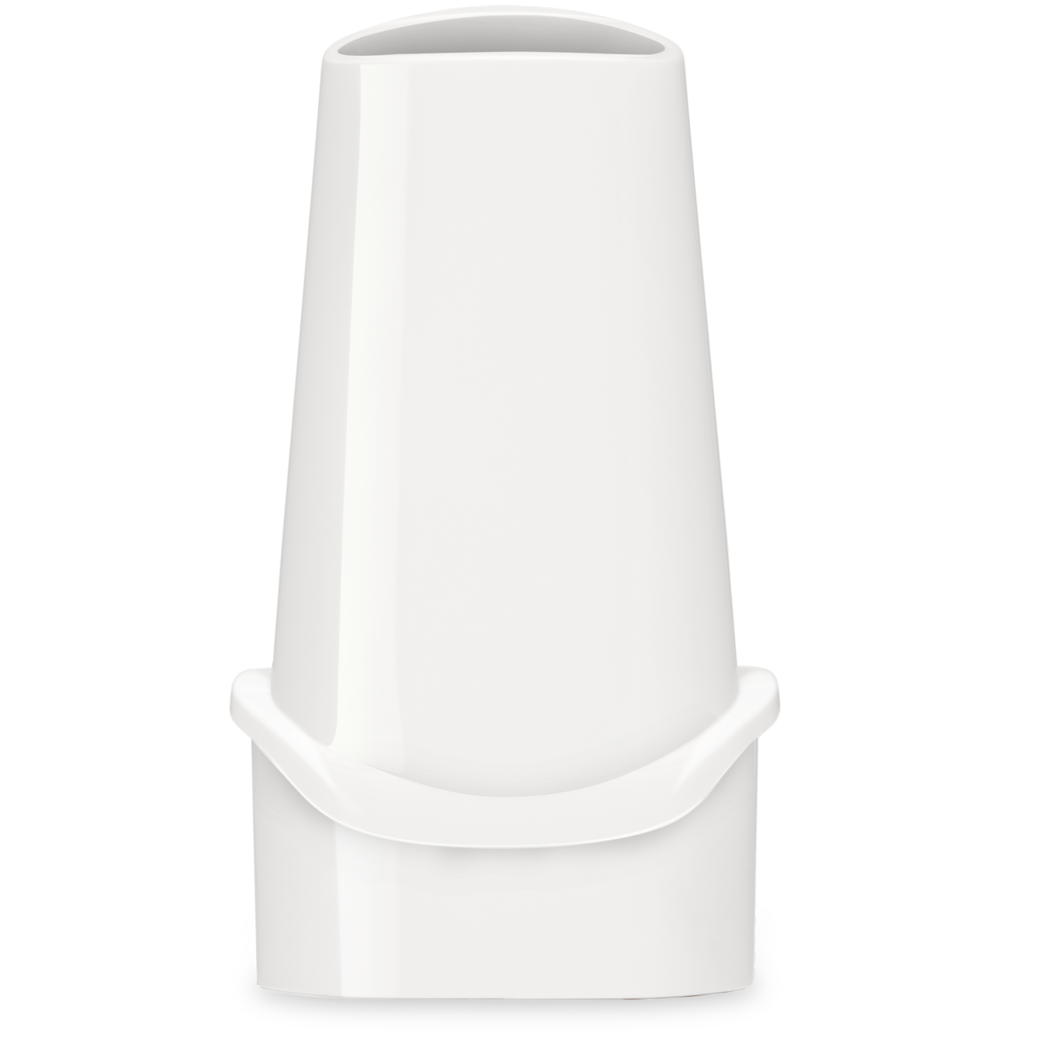 Contenitore di plastica bianco con corpo svasato e caratteristica curva alla base.