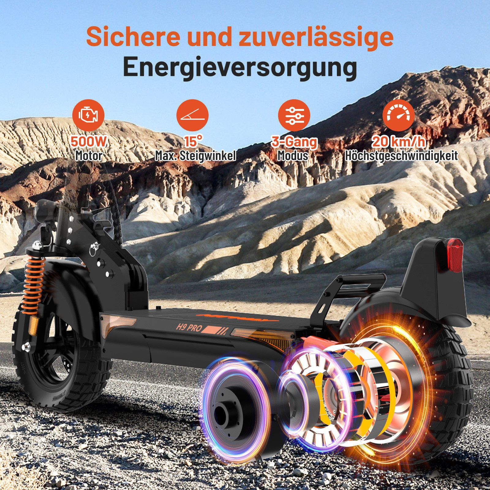 Elektroroller mit hervorgehobenen Motorteilen. Text über Leistung und Geschwindigkeit.