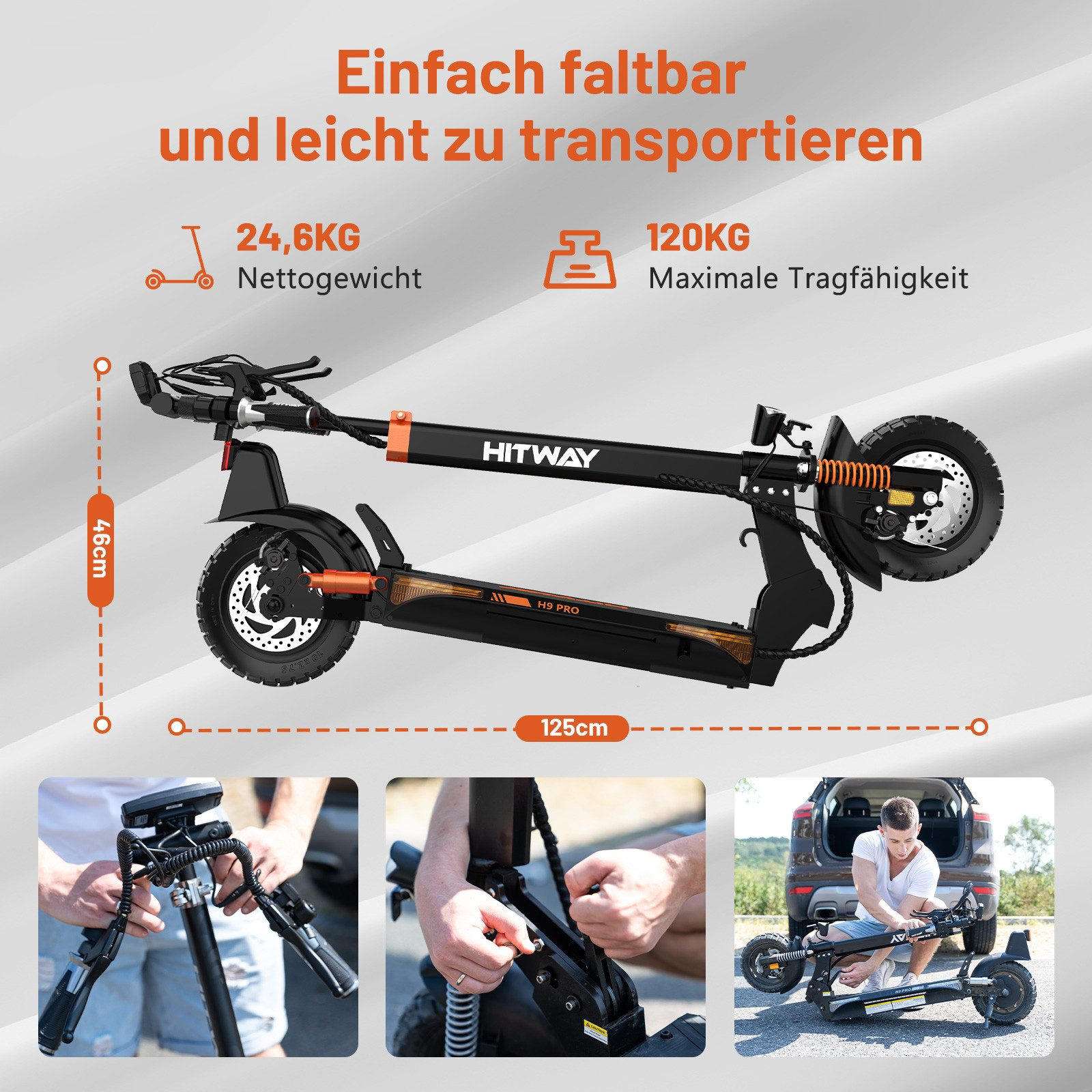 Schwarz-oranger Klapproller. Text: Einfach faltbar und leicht zu transportieren. 24,6 kg Nettogewicht.