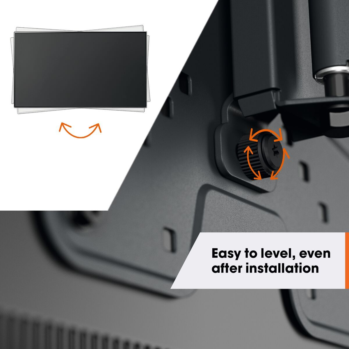 Zbliżenie mechanizmu mocowania TV z tekstem: 'Easy to level, even after installation'.