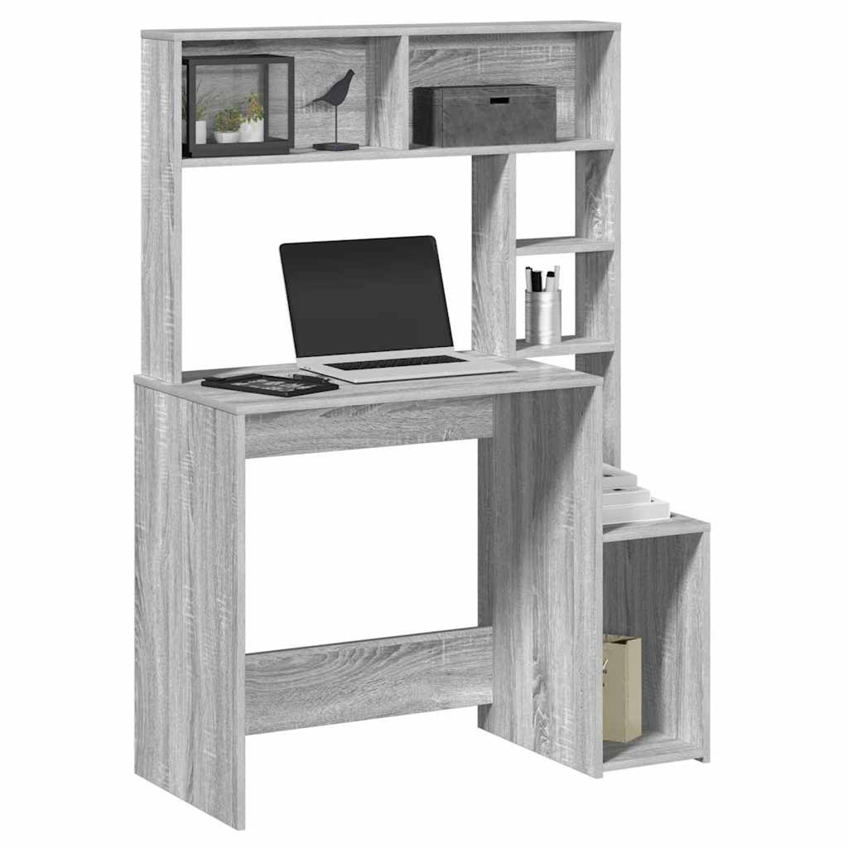 Grauer Holzschreibtisch mit Aufsatz, Laptop, Deko und Regalen zur Aufbewahrung.