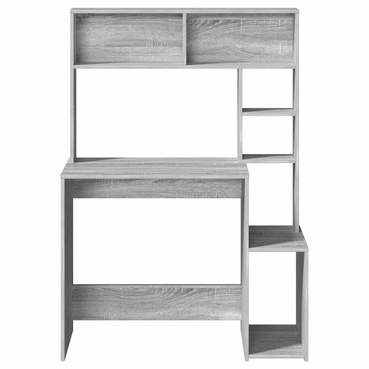 Ein grauer Holzschreibtisch mit Regalen. Es ist auf weißem Hintergrund platziert.