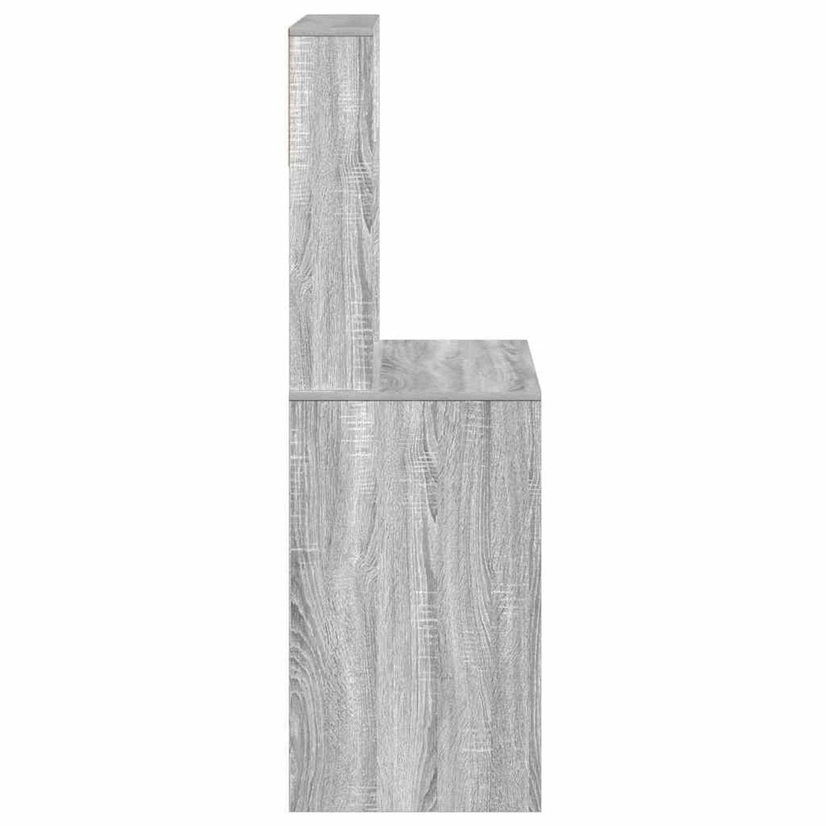 Ein grauer Holzschrank, Seitenansicht. Er hat ein hohes, vertikales Design. Weißer Hintergrund.