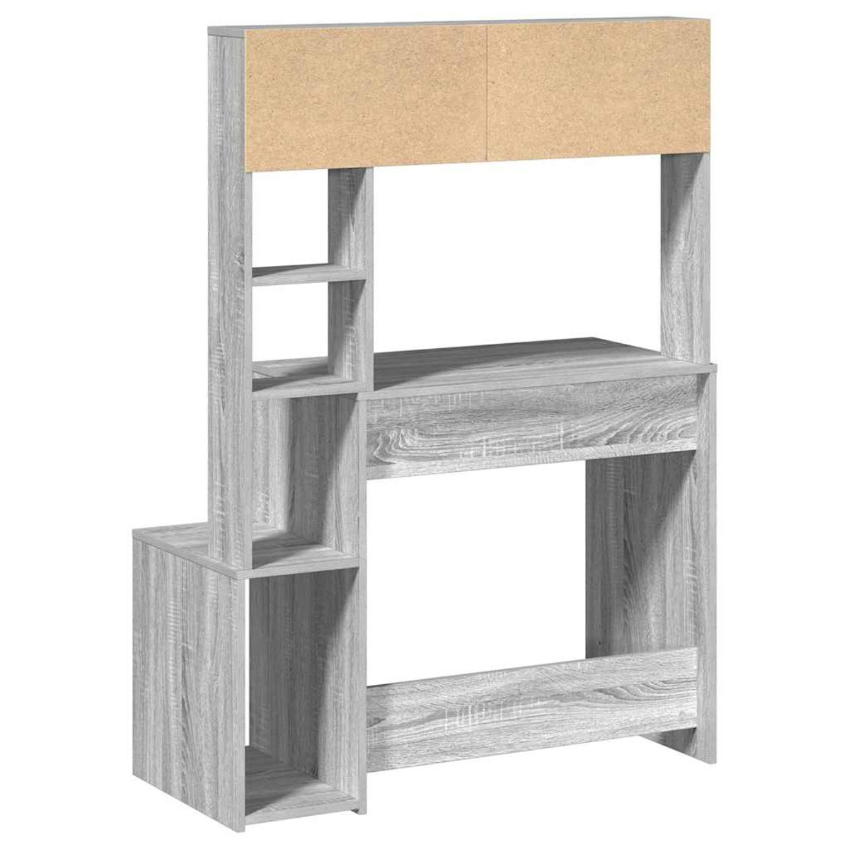 Grauer Holzschreibtisch mit Regalen. Oben ist eine Pinnwand. Heller Hintergrund.